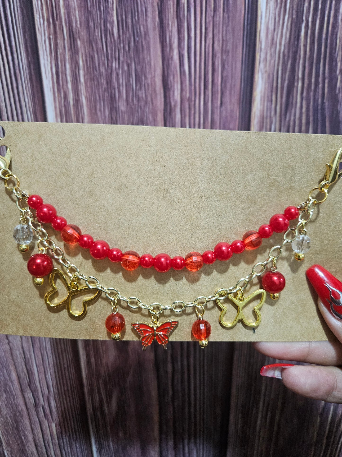 Car Charm Chain +hanger - red butterfly (gold)