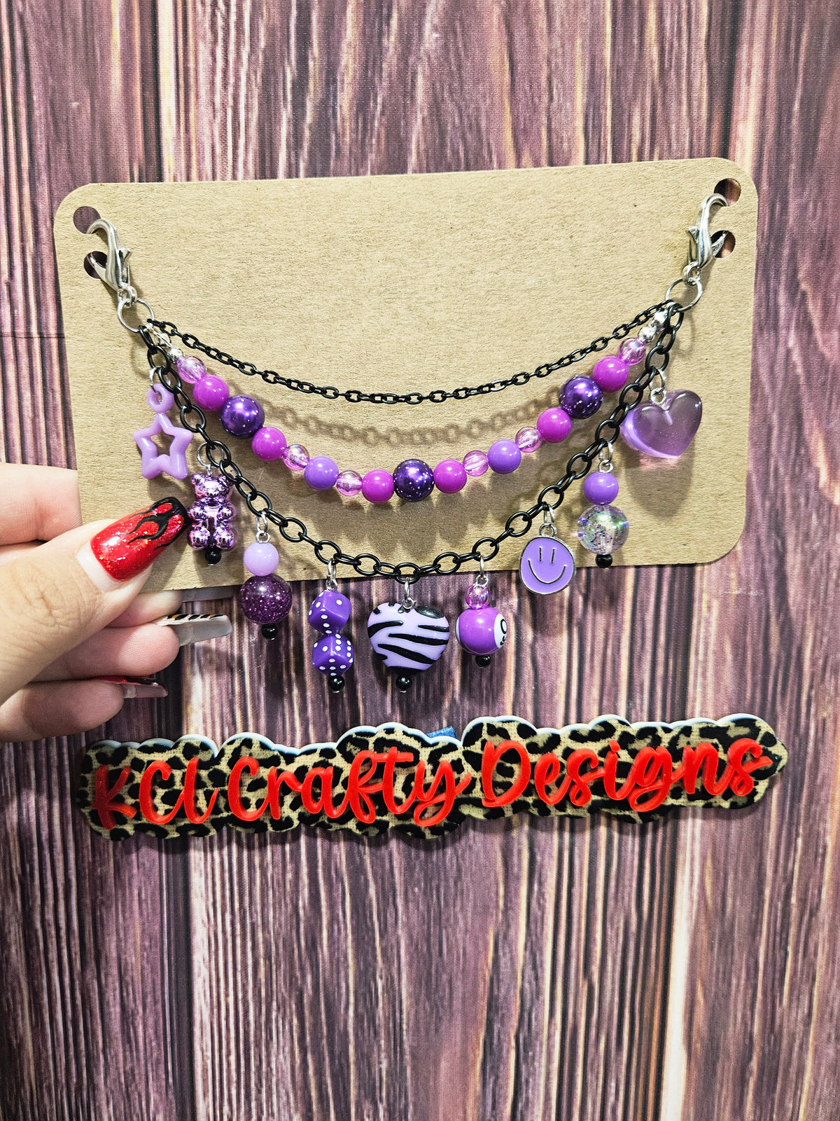 Car Charm Chain +hanger - Purple bead chain (9ball and metallic gummy bear charm version)