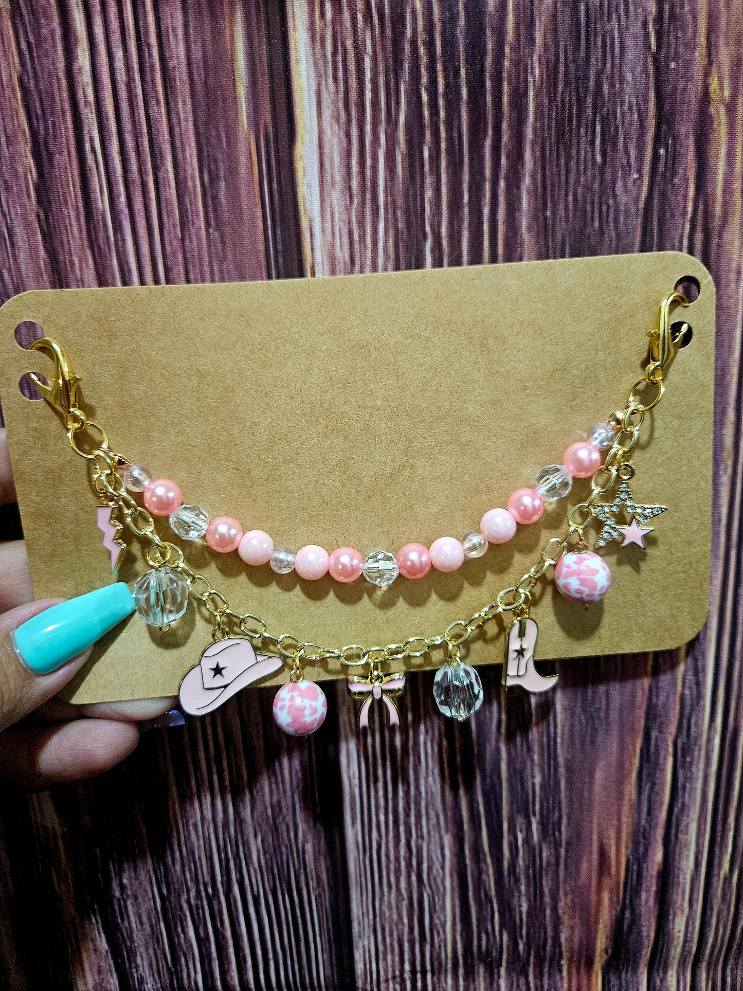 Car Charm Chain + hanger - western pink cowgirl (gold)