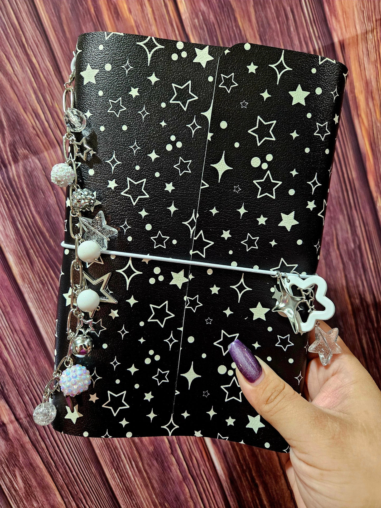 Faux Leather Wrapped Journal (A5) - Black w/ white stars