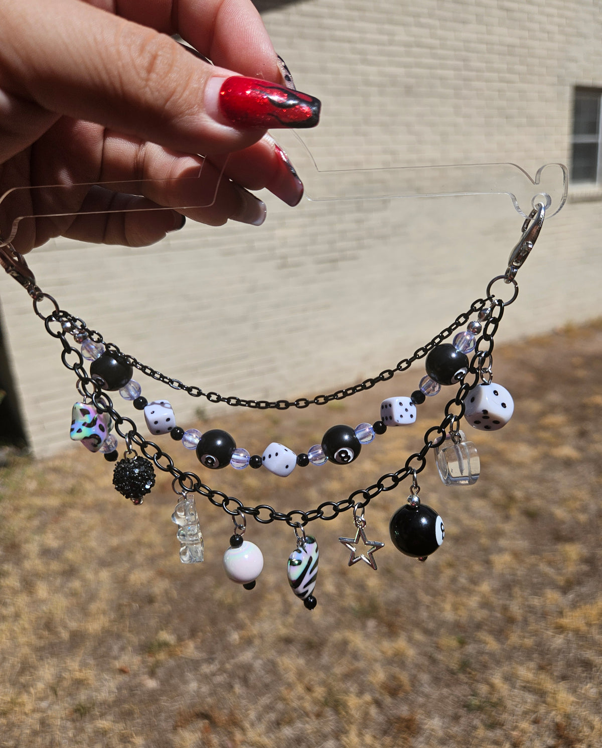 Car Charm Chain +hanger - white dice/8-Ball bead chain