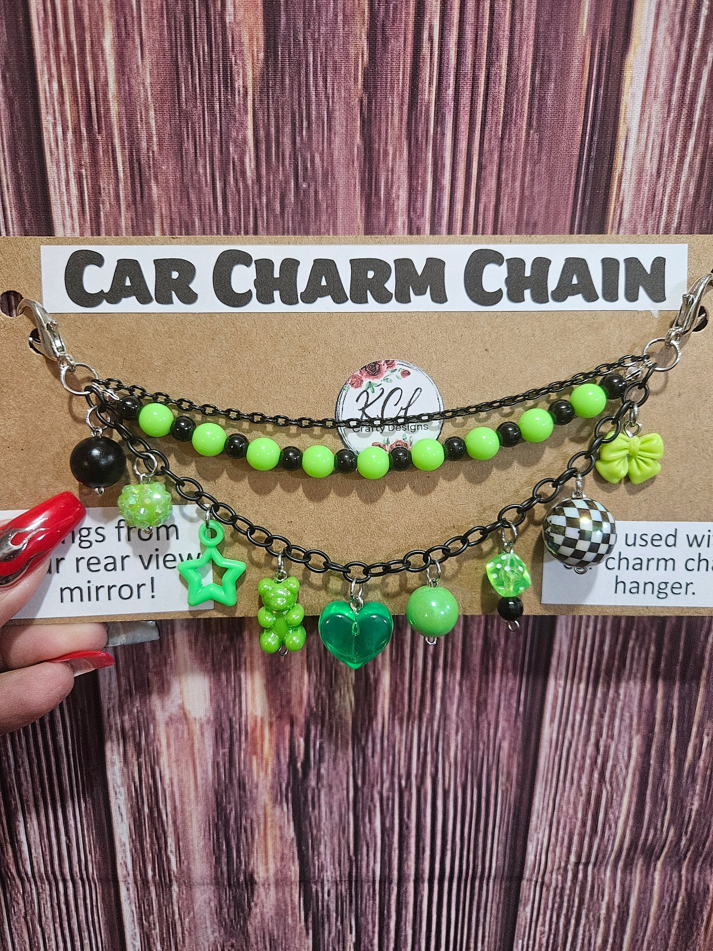 Car Charm Chain +hanger - green bead triple chain
