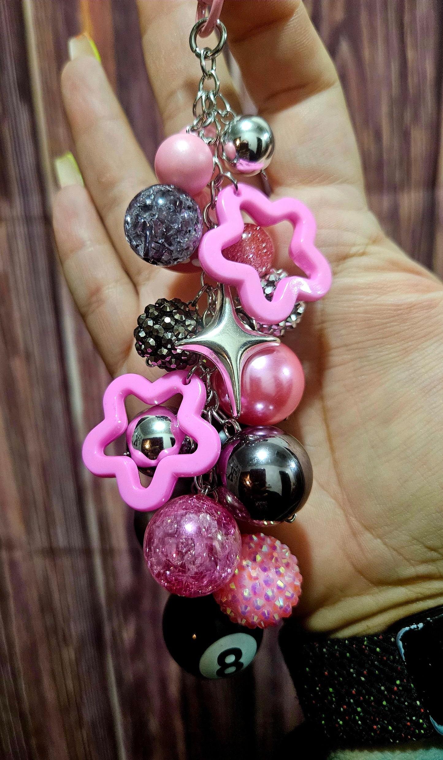 Bag Charm - pink and gray stars