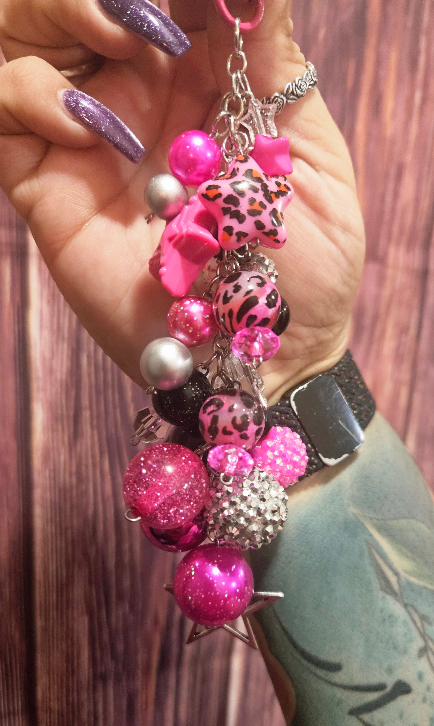 Bag Charm - pink leopard stars
