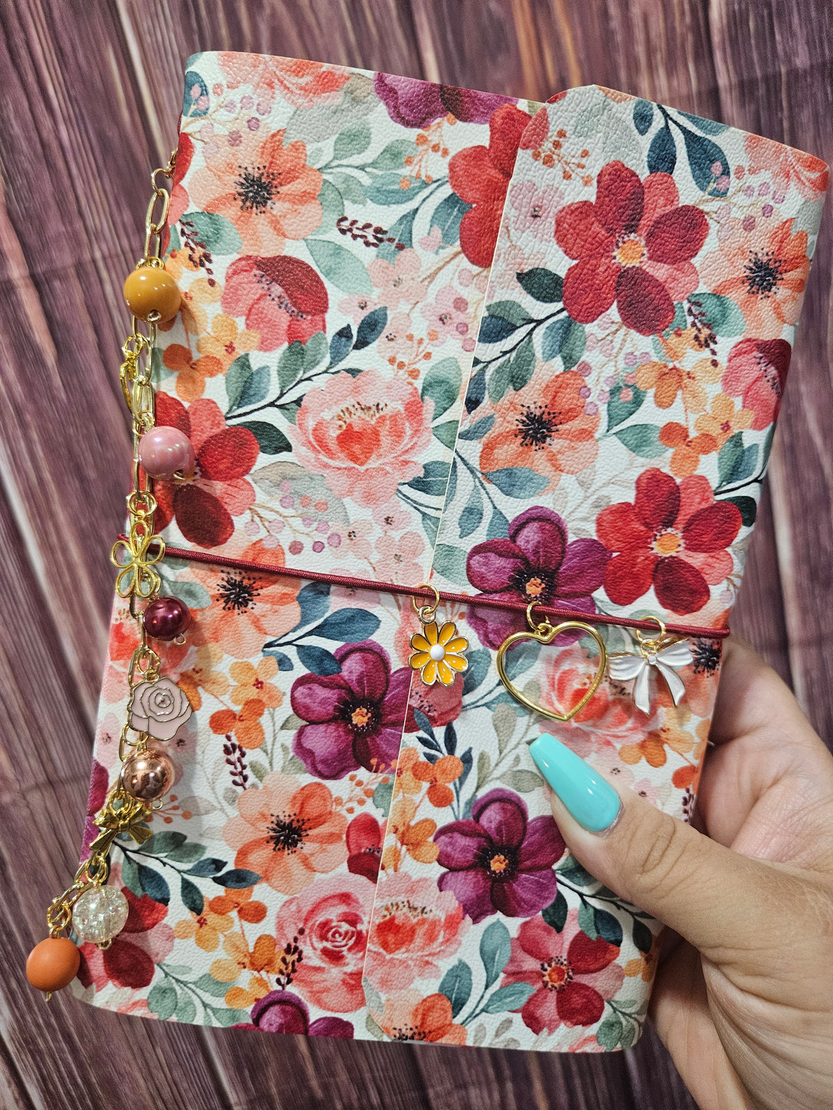 Faux Leather Wrapped Journal (A5) - red watercolor florals