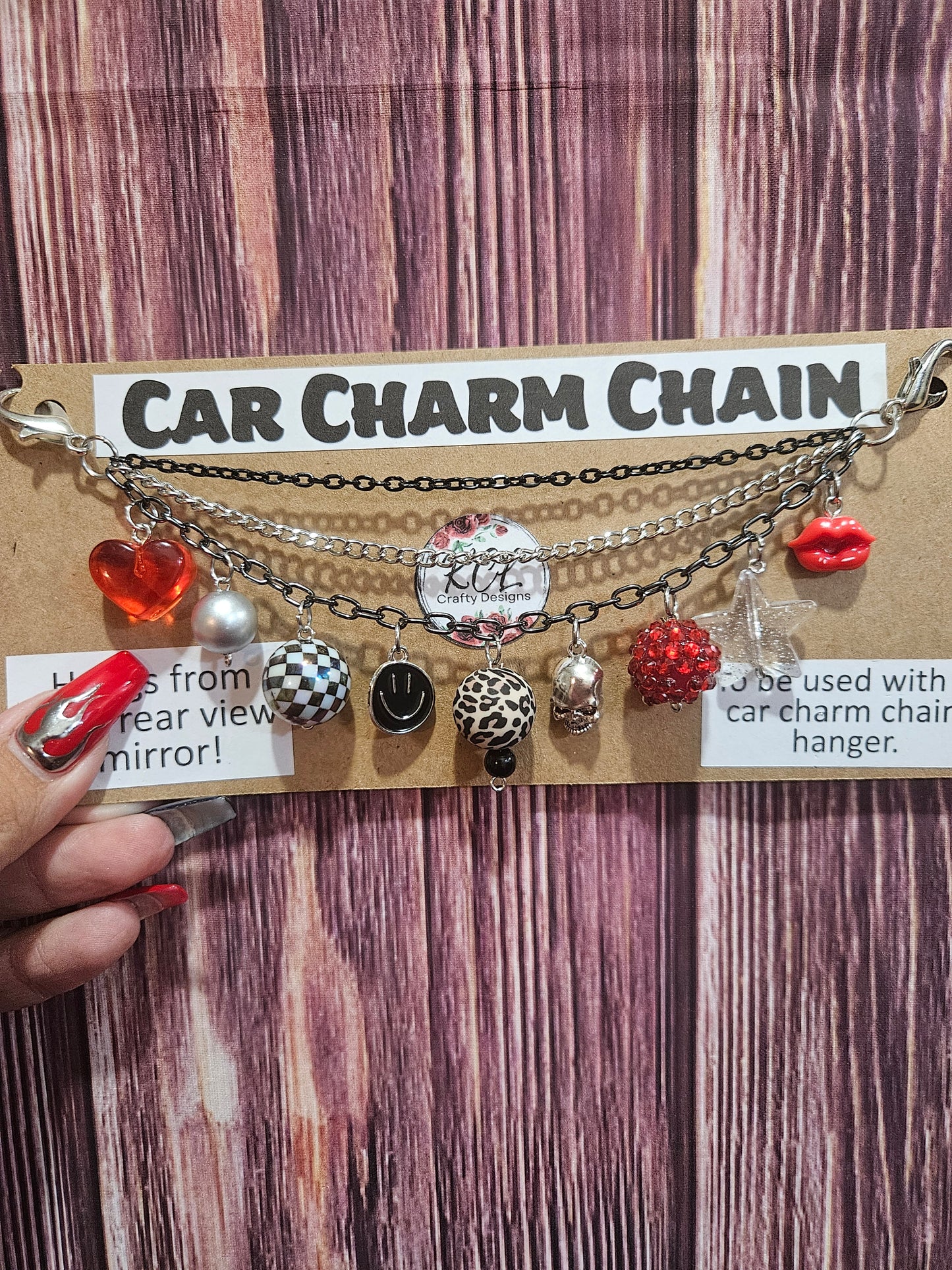 Car Charm Chain +hanger - black/silver triple chain (checkered, leopard, red)