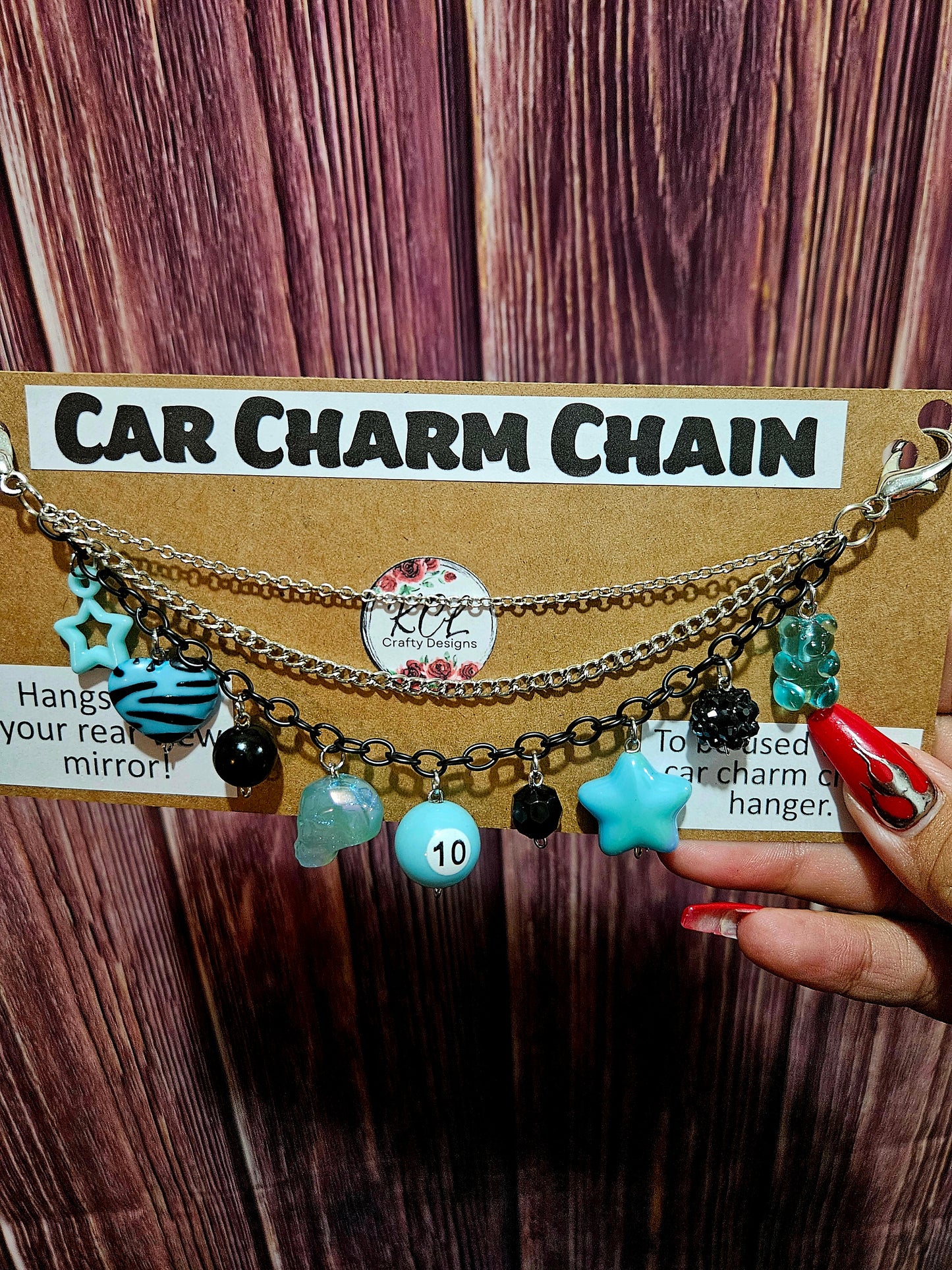 Car Charm Chain +hanger - light blue triple chain 10 pool ball/skull