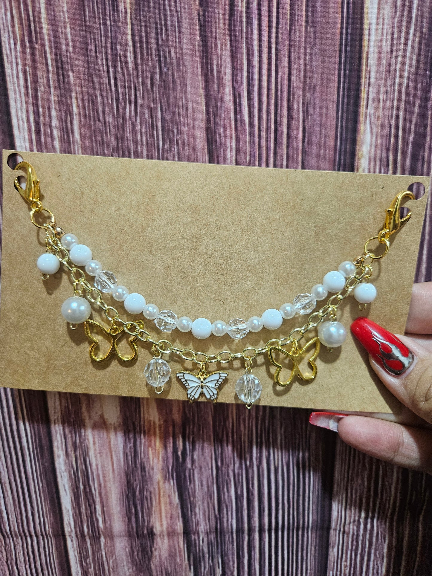Car Charm Chain +hanger - white butterfly (gold)