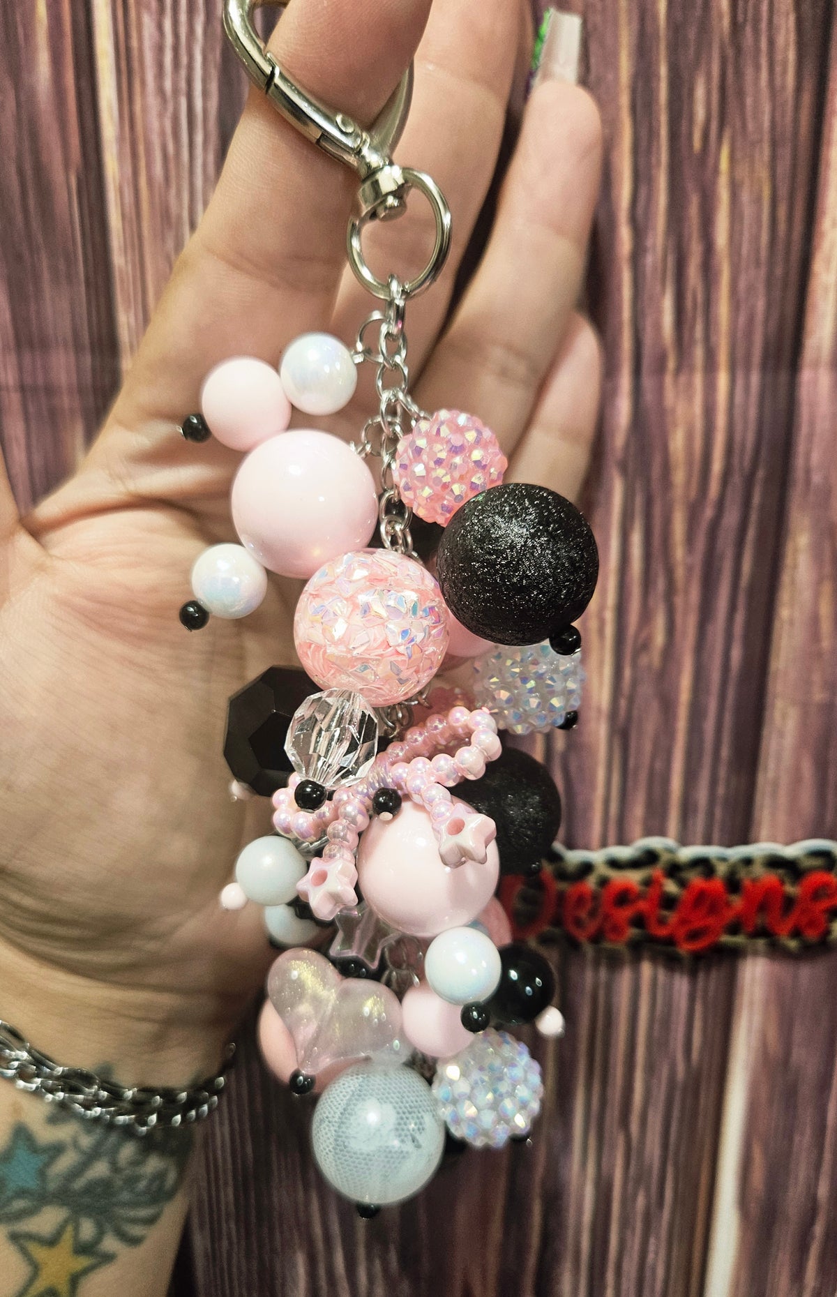 Bag Charm - light pink and black with bow and stars