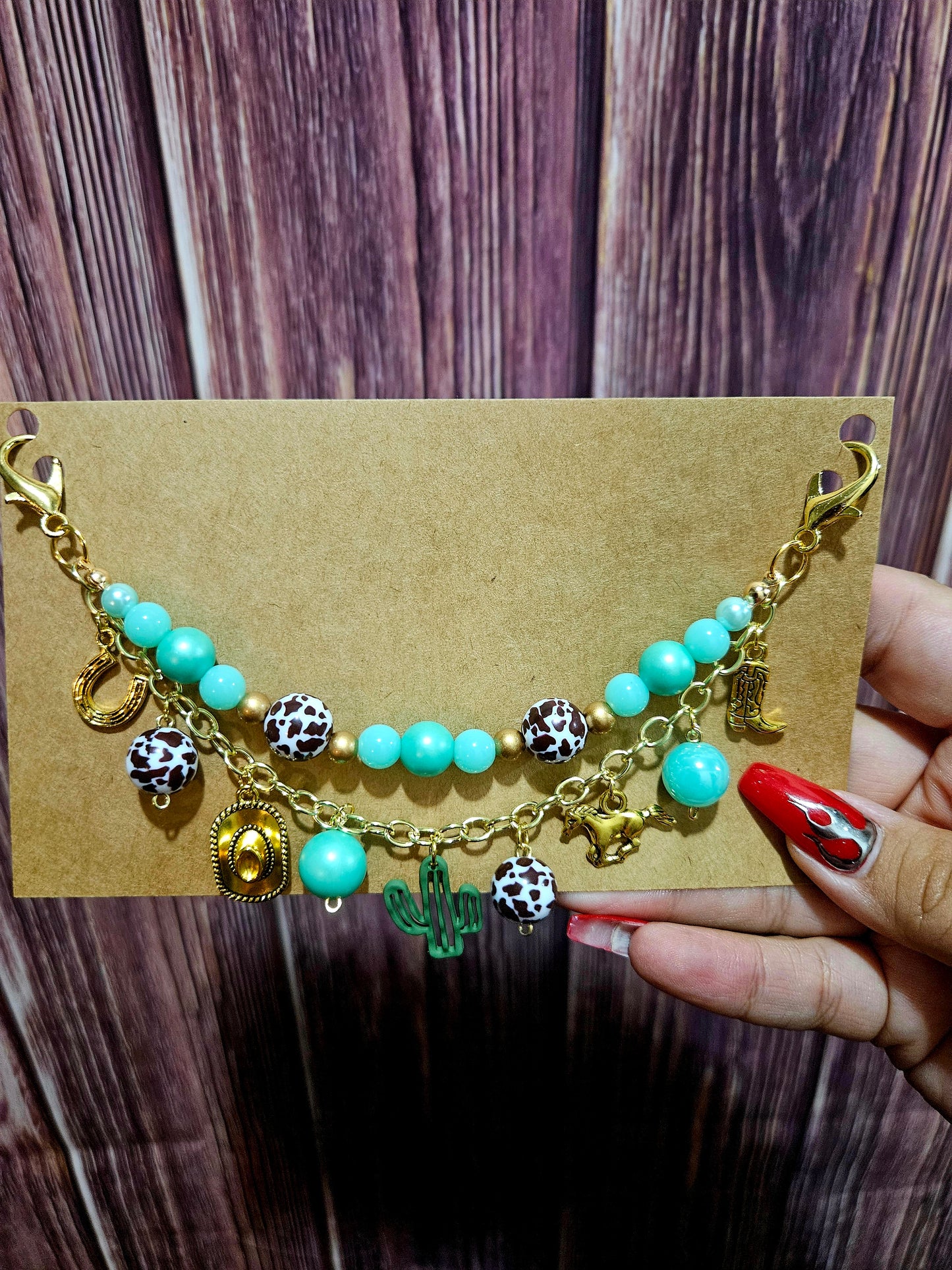 Car Charm Chain + hanger - western bead chain, cactus/cow print (gold)