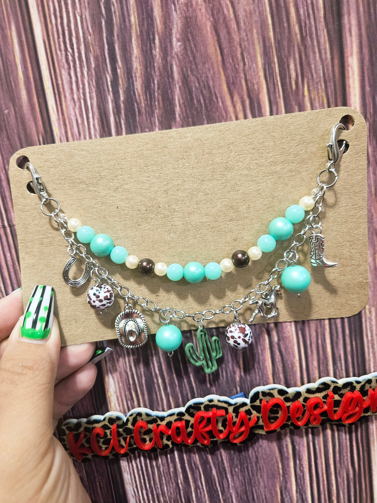 Car Charm Chain +hanger - turquoise, cream and brown bead chain western cactus charm (silver)
