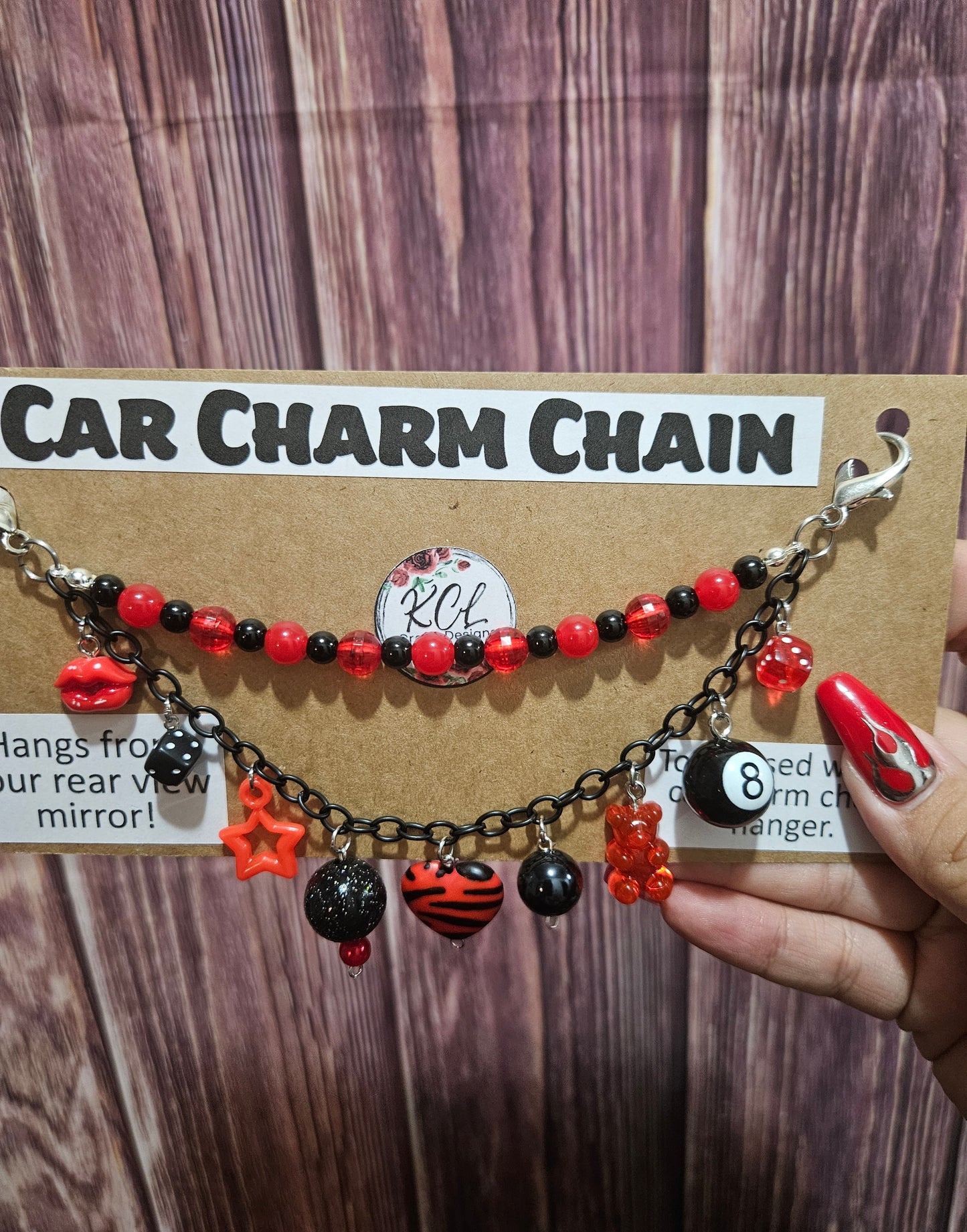 Car Charm Chain +hanger - red/black bead chain zebra heart, 8ball