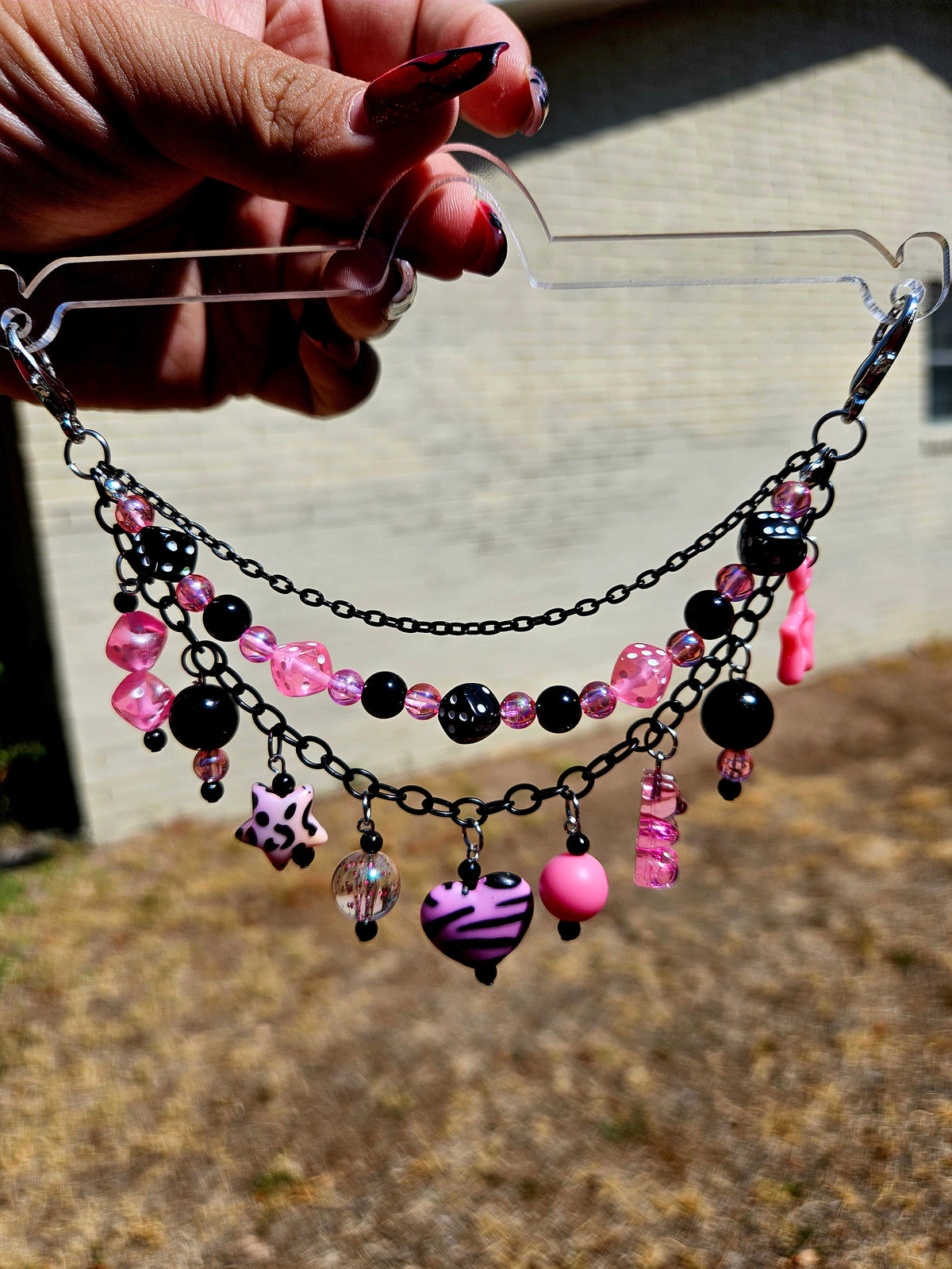 Car Charm Chain +hanger - bright pink zebra heart beaded triple chain