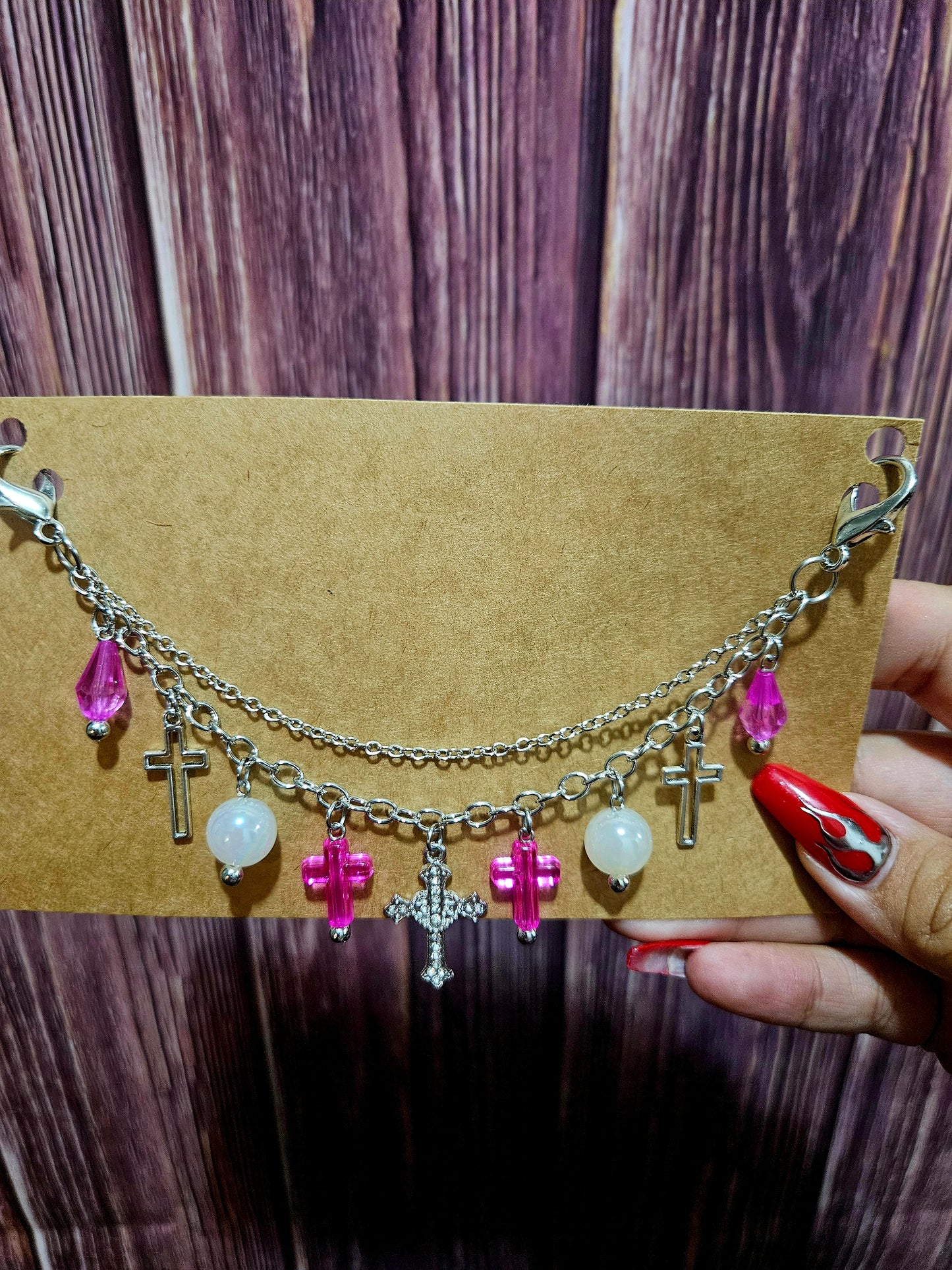 Car Charm Chain +hanger - hot pink cross double chain