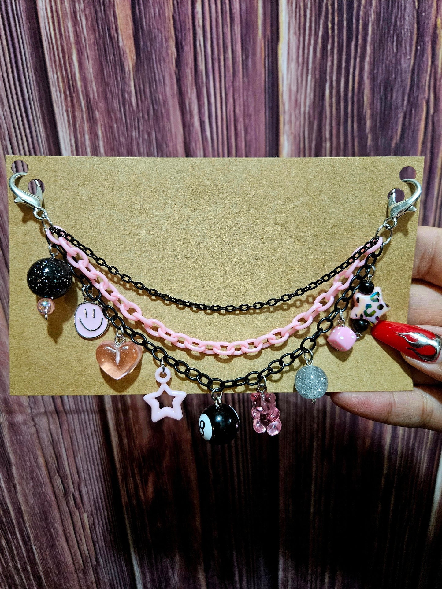 Car Charm Chain +hanger - light pink triple chain 8 ball, cheetah star