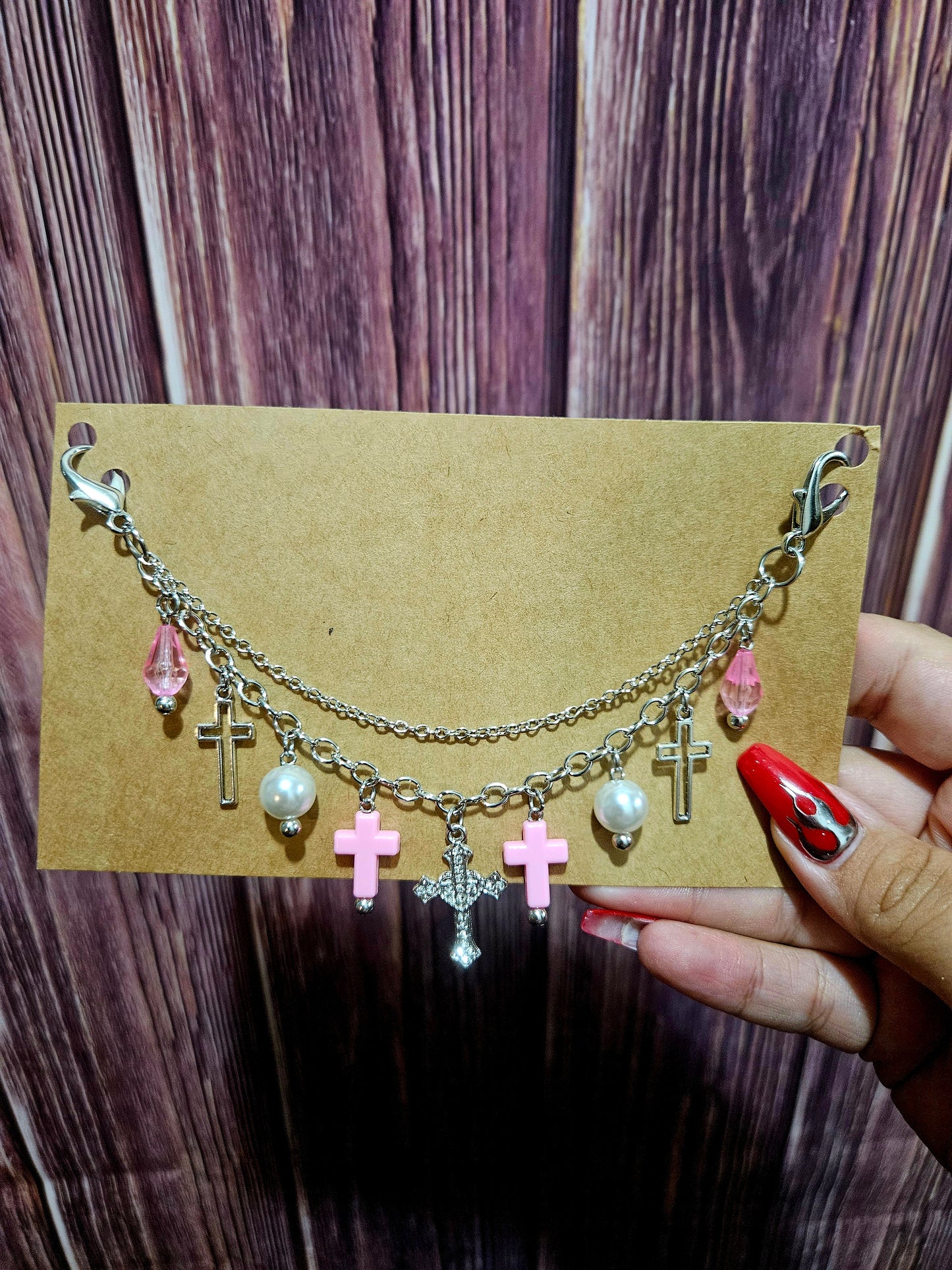 Car Charm Chain +hanger - light pink cross double chain