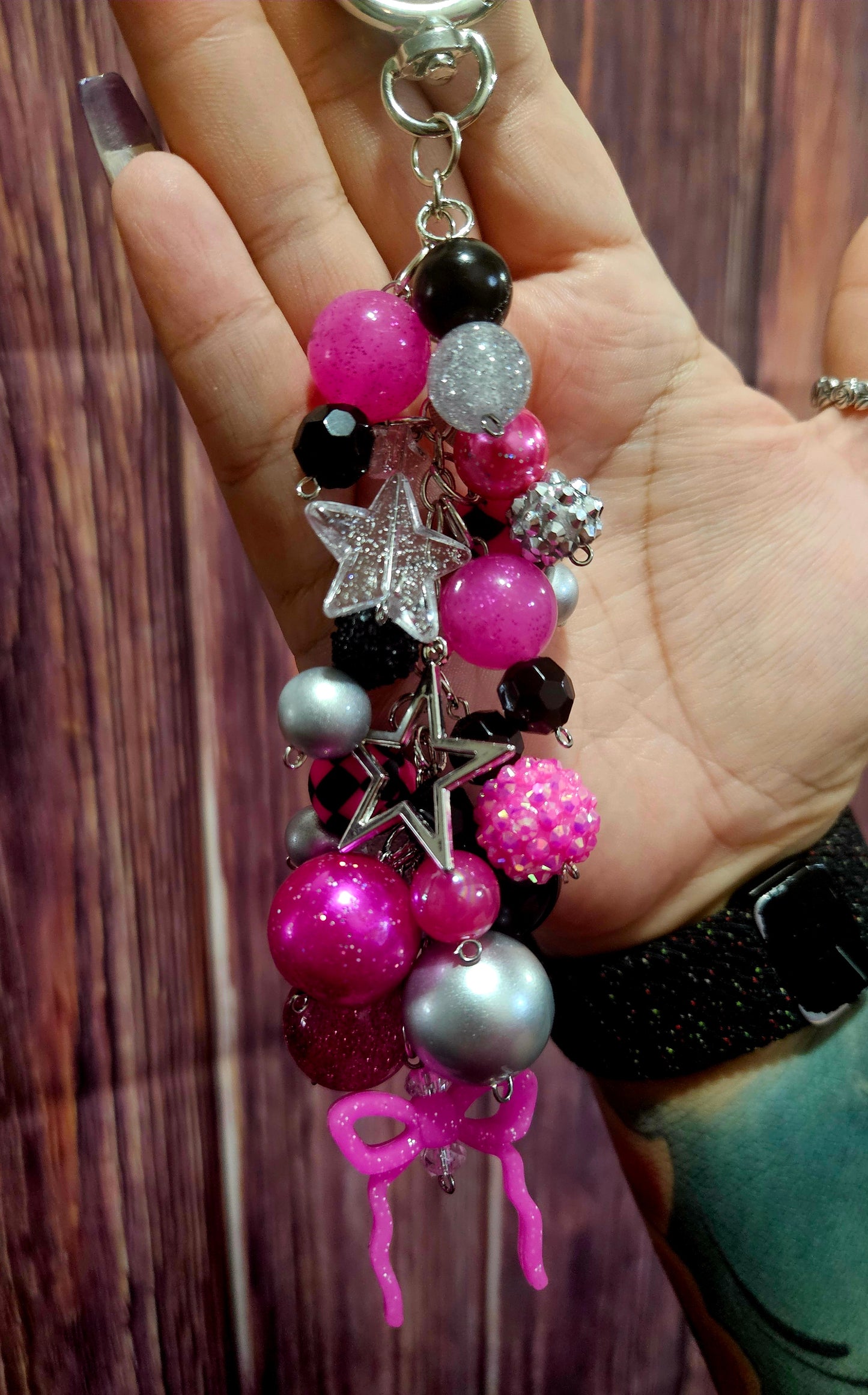 Bag Charm - pink checkered stars and bow