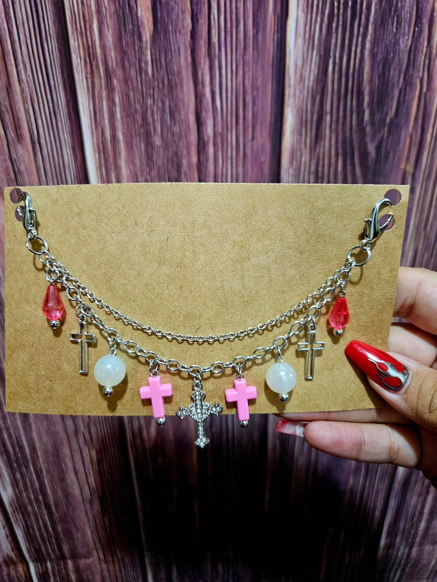 Car Charm Chain +hanger - pink cross double chain