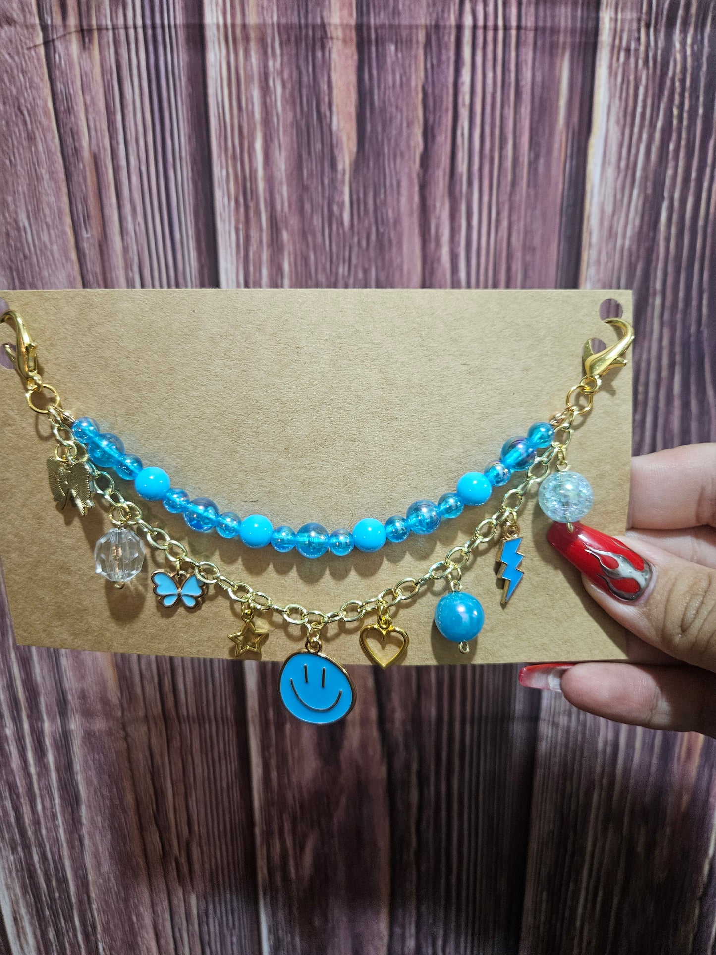 Car Charm Chain + hanger - blue bead chain, smiley (gold)