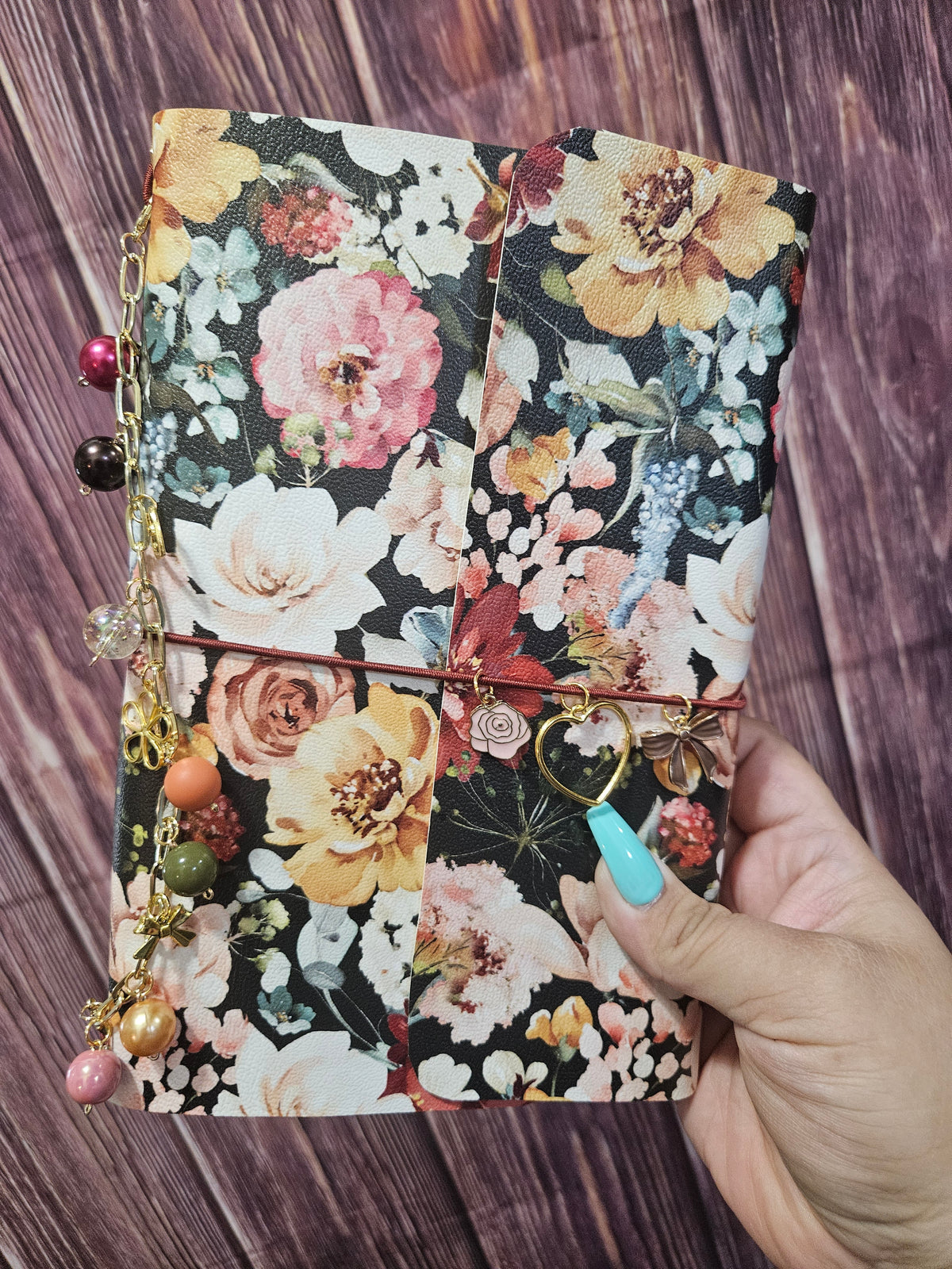 Faux Leather Wrapped Journal (A5) - dark green vintage florals