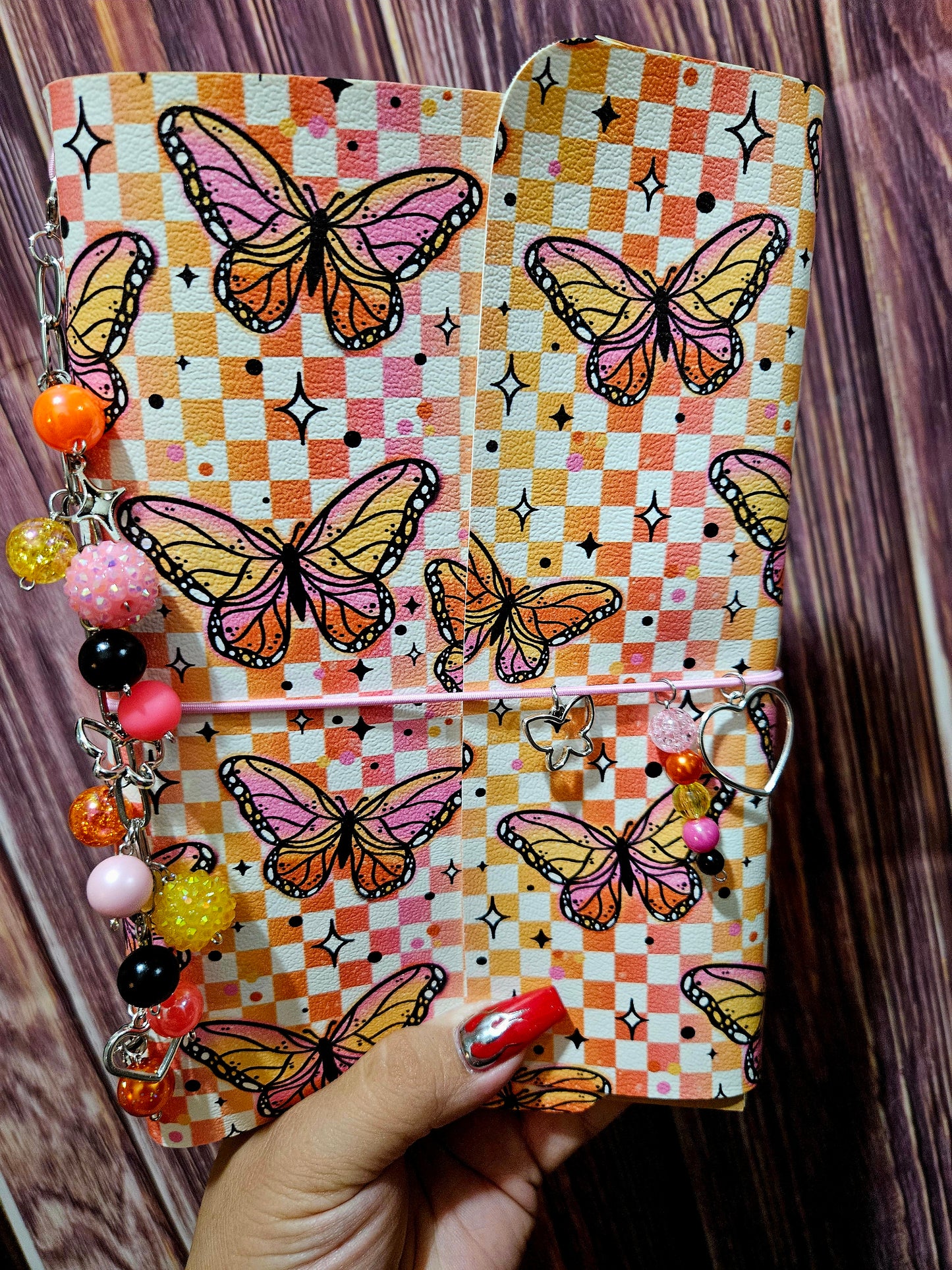 Faux Leather Wrapped Journal (A5) - ombre checkered butterfly