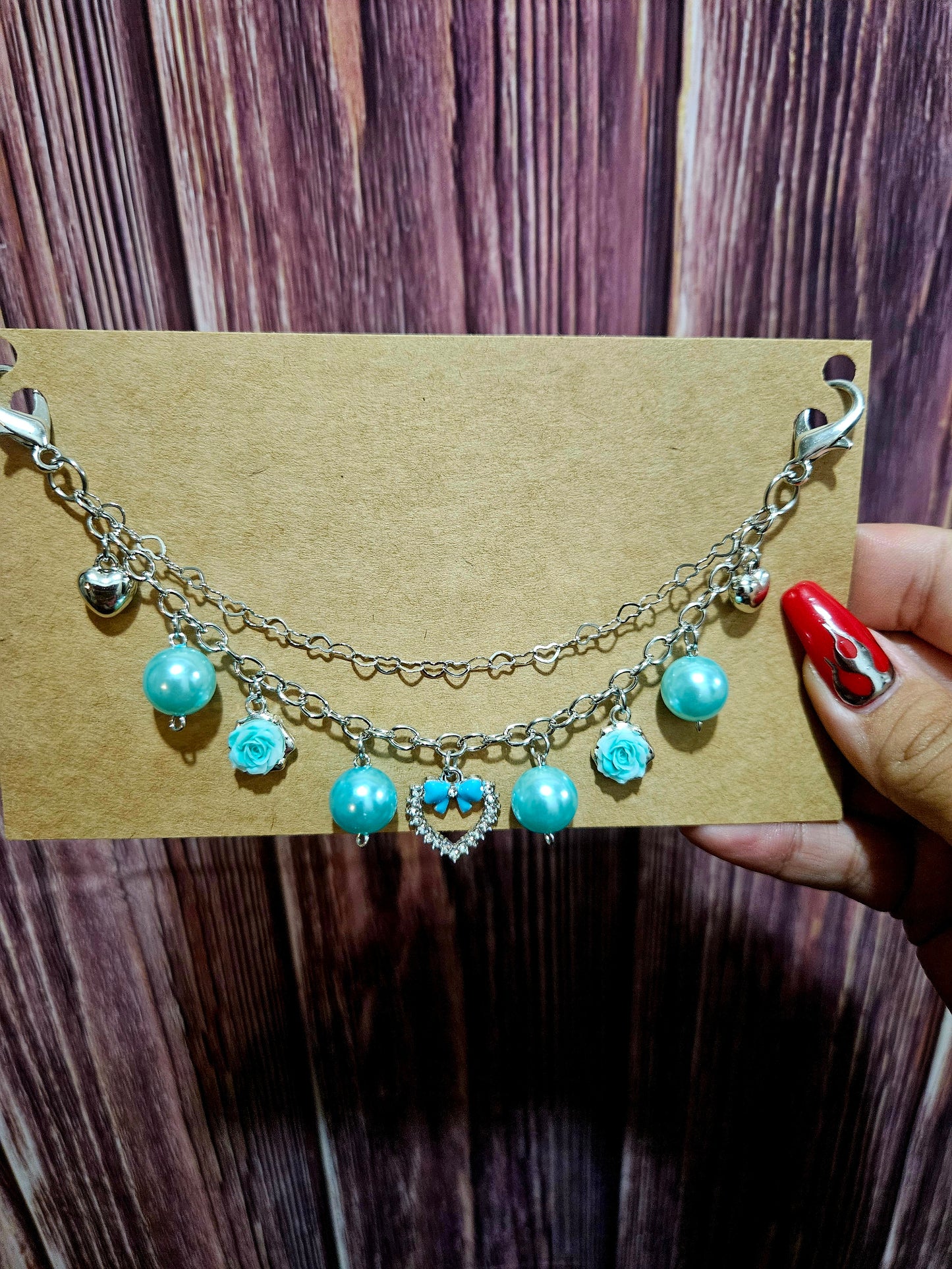 Car Charm Chain + hanger - minty blue hearts/roses double chain