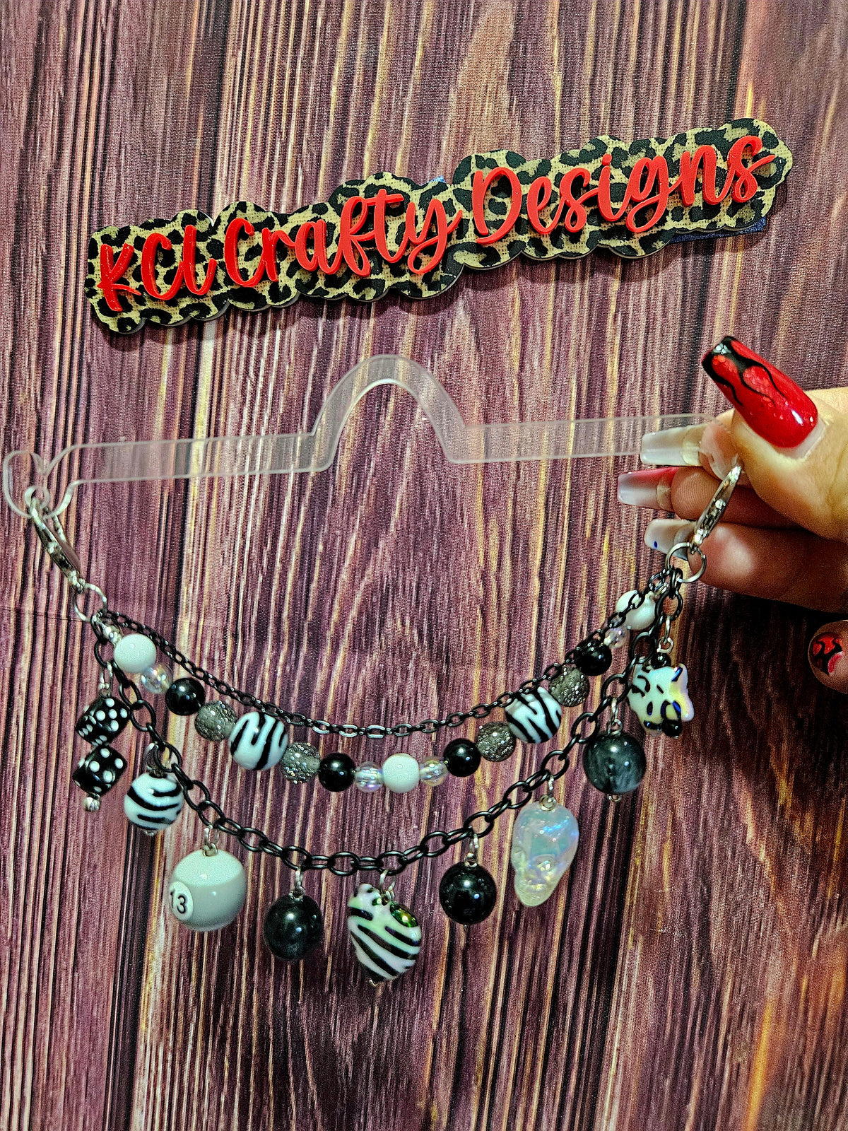Car Charm Chain +hanger - white/gray bead triple chain (zebra heart/skull)