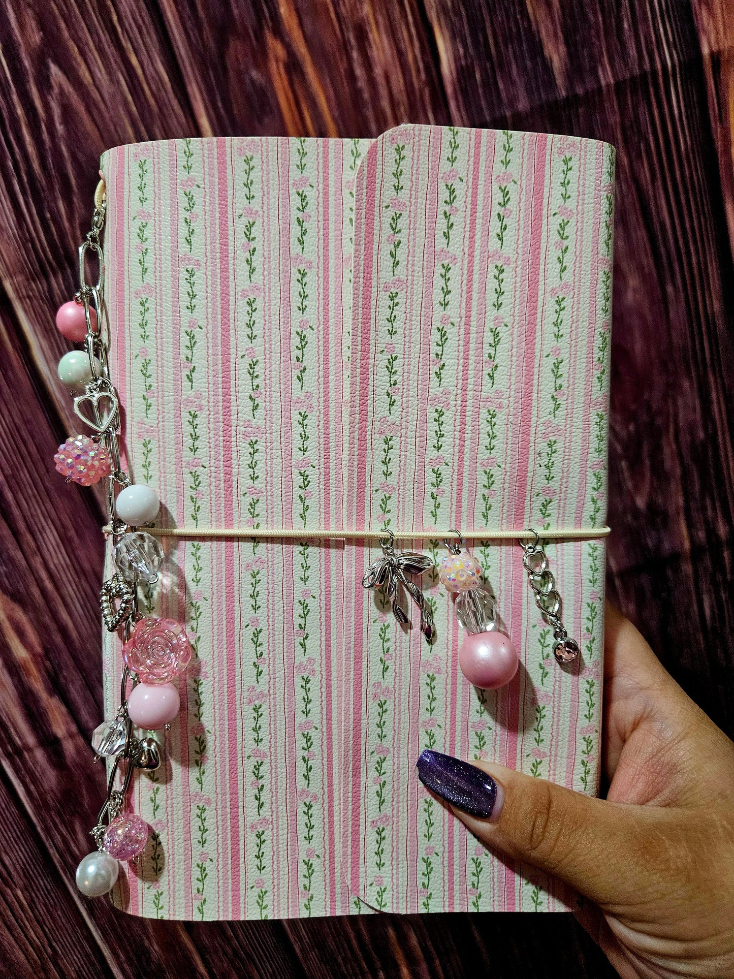 Faux Leather Wrapped Journal (A5) - Pink Stripe Floral