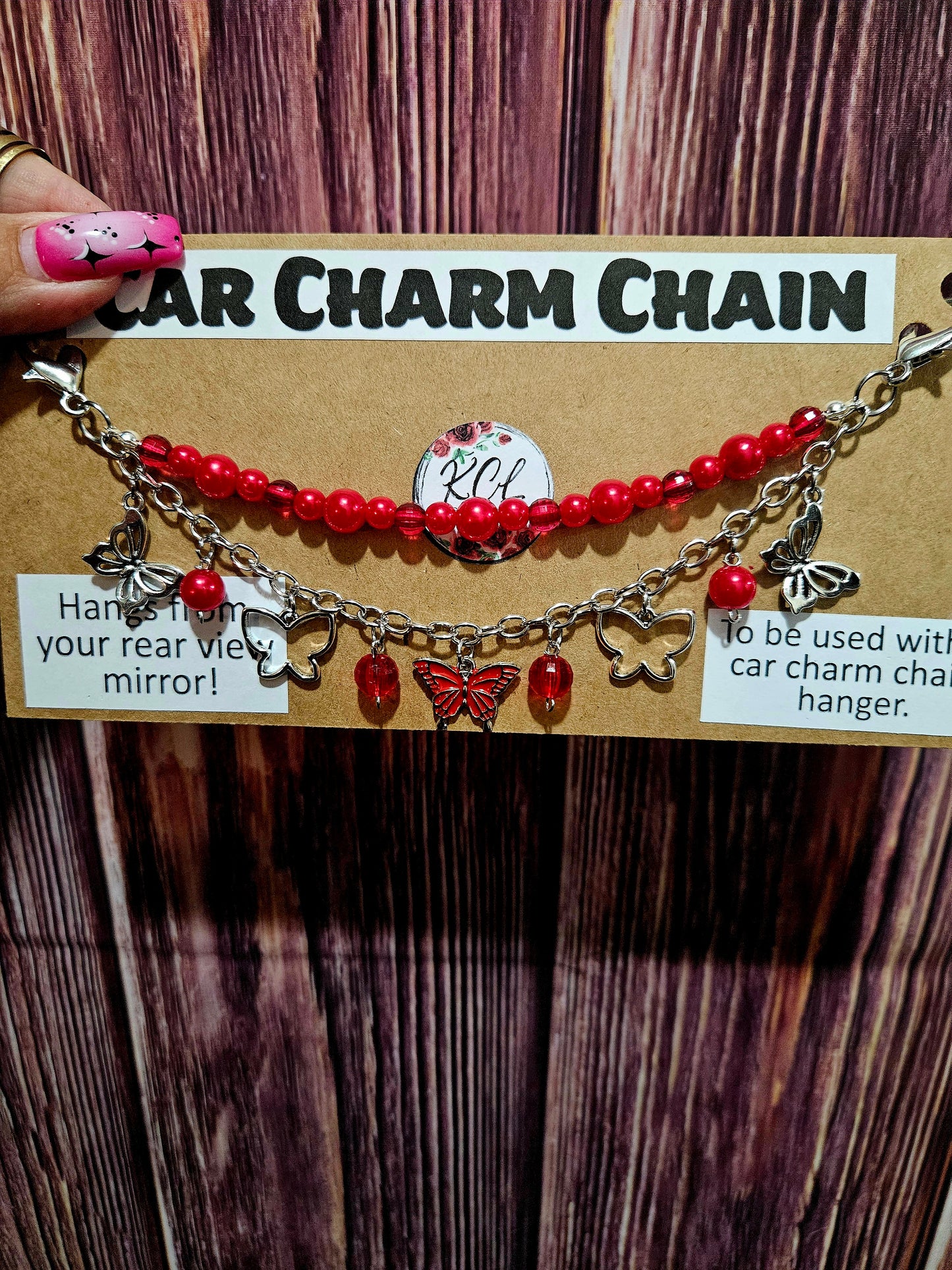 Car Charm Chain +hanger - red butterfly