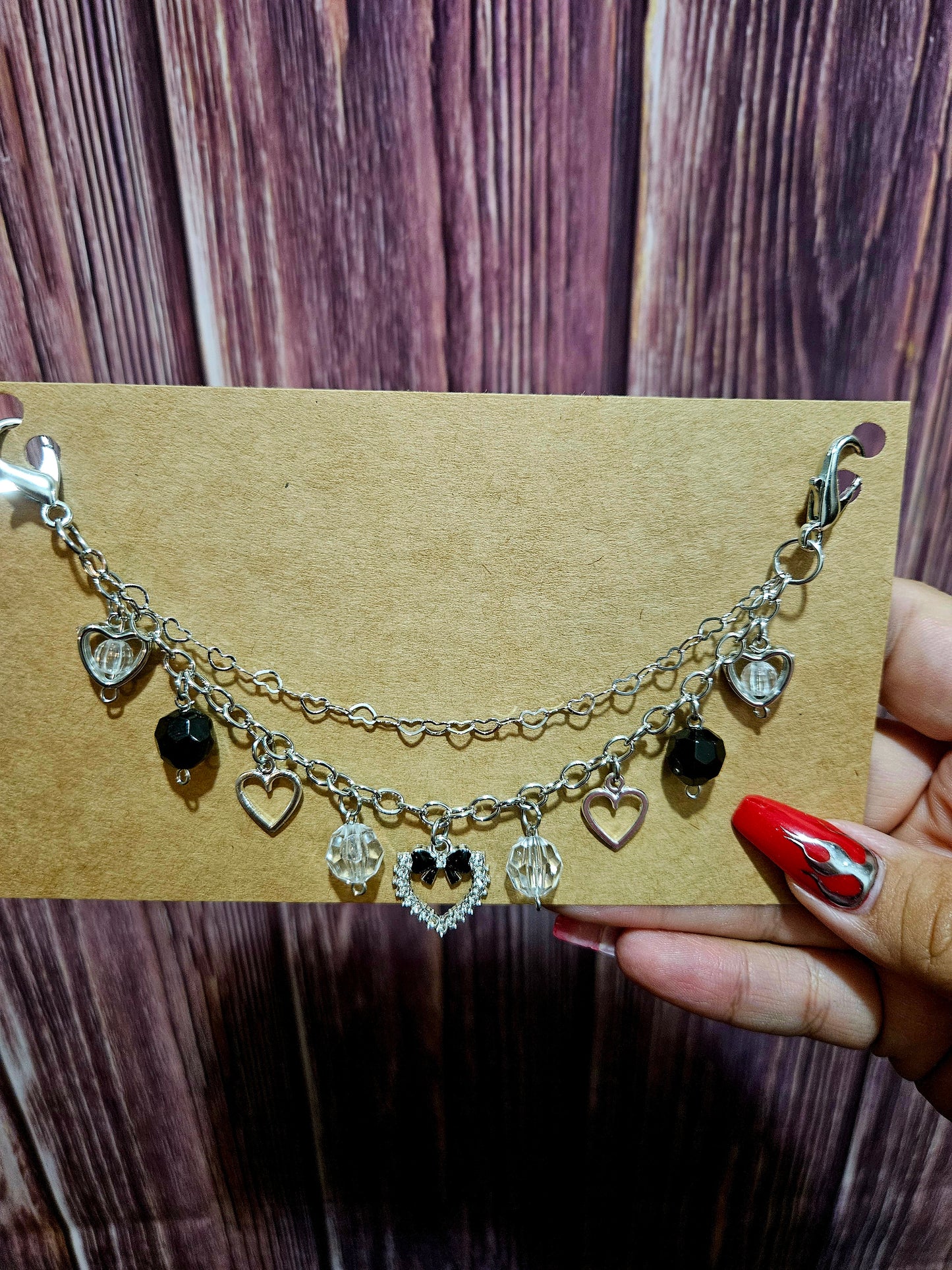 Car Charm Chain + hanger - black hearts double chain