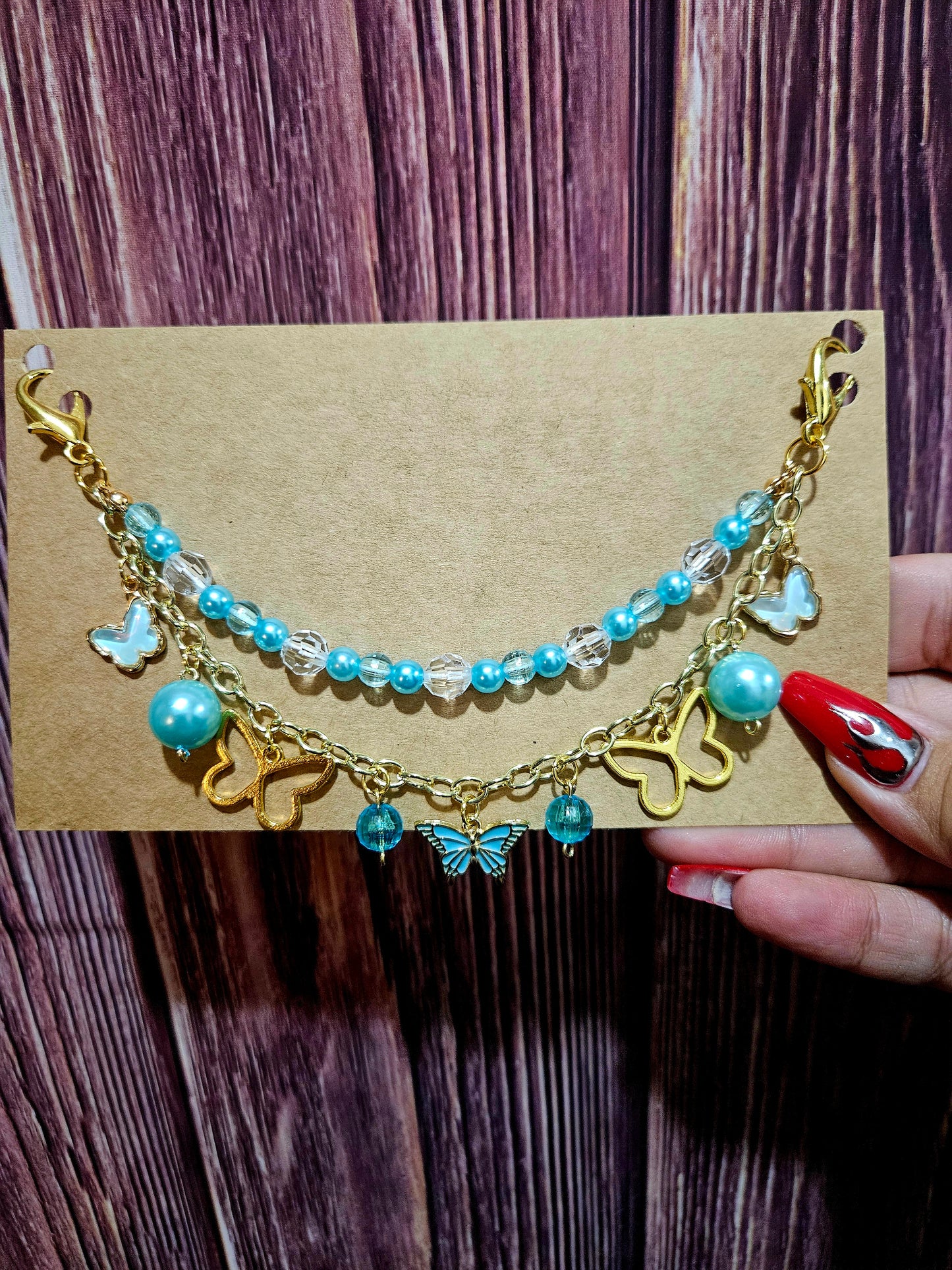 Car Charm Chain +hanger - blue butterfly (gold)
