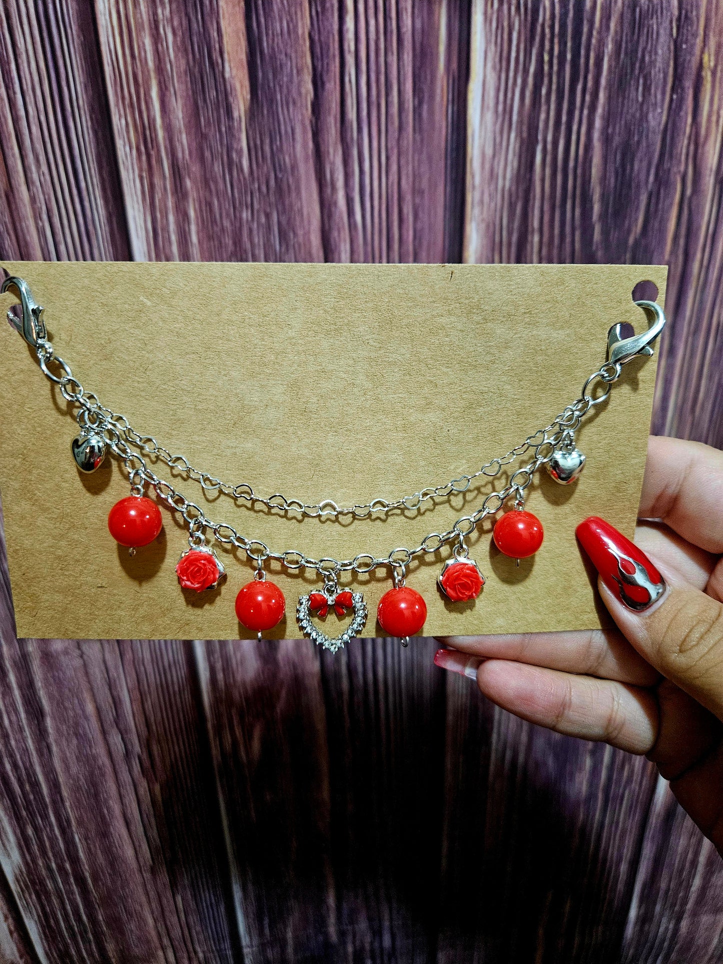 Car Charm Chain + hanger - bright red hearts/roses double chain