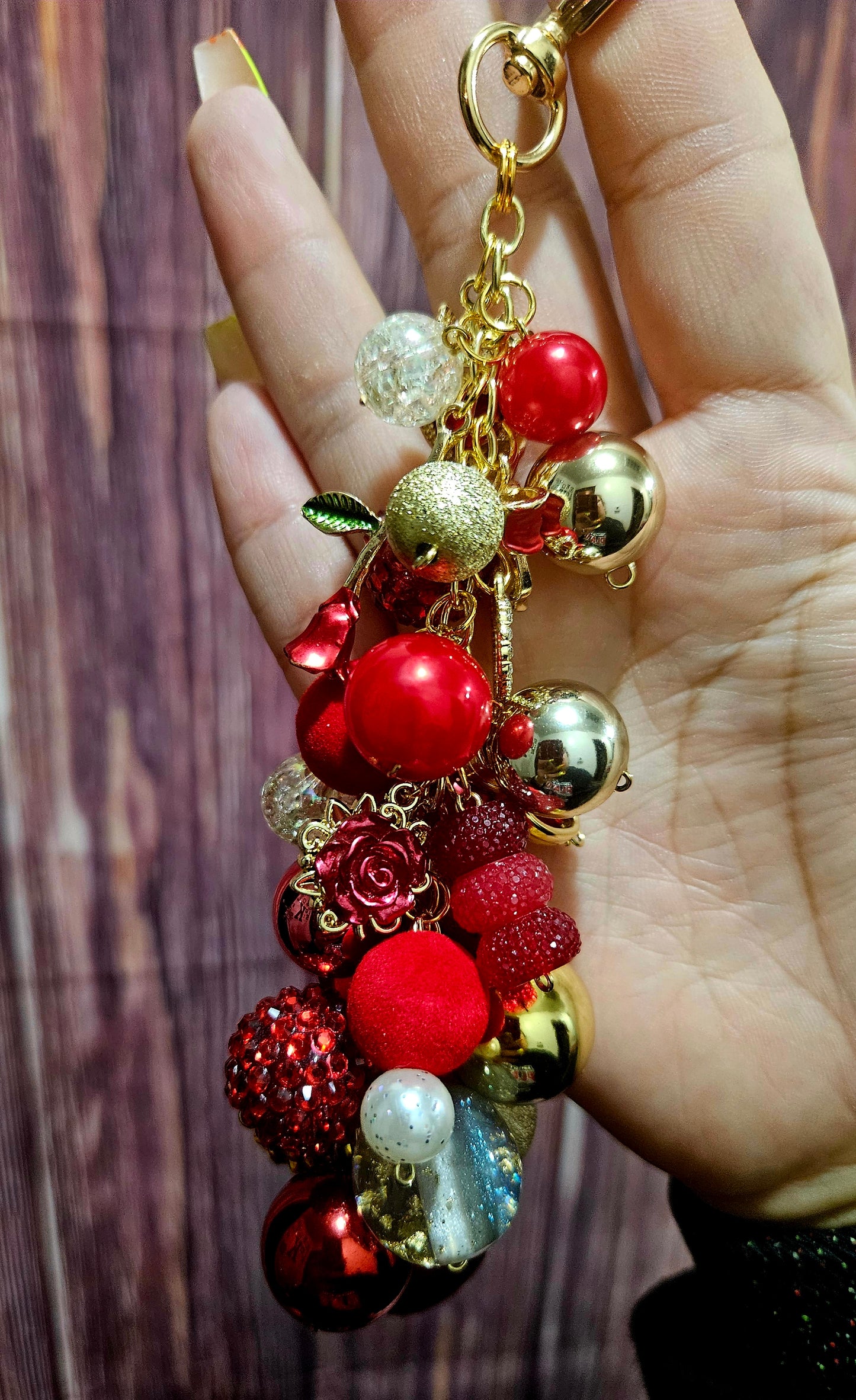 Bag Charm - gold red roses