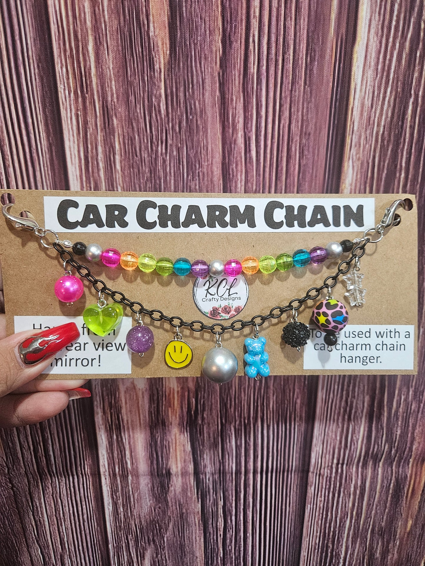 Car Charm Chain +hanger - neon bead chain, blue gummy bear