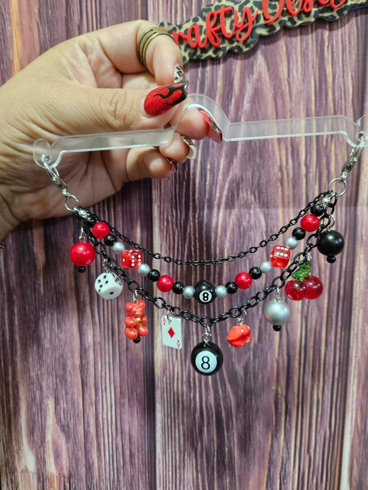 Car Charm Chain +hanger - 8Ball/Dice bead chain w/ red gummy bear