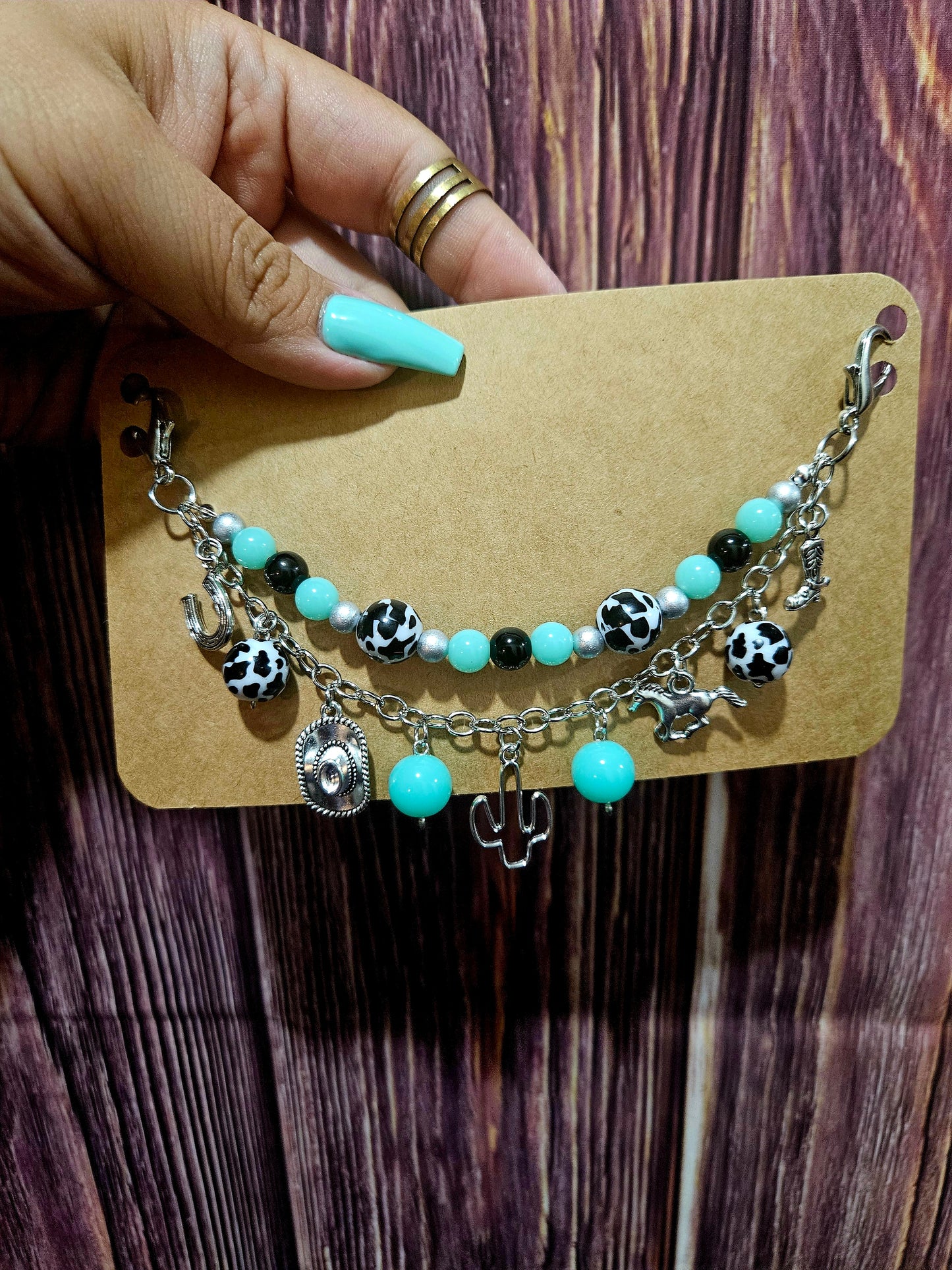 Car Charm Chain + hanger - western bead chain, cactus/cow print (silver)
