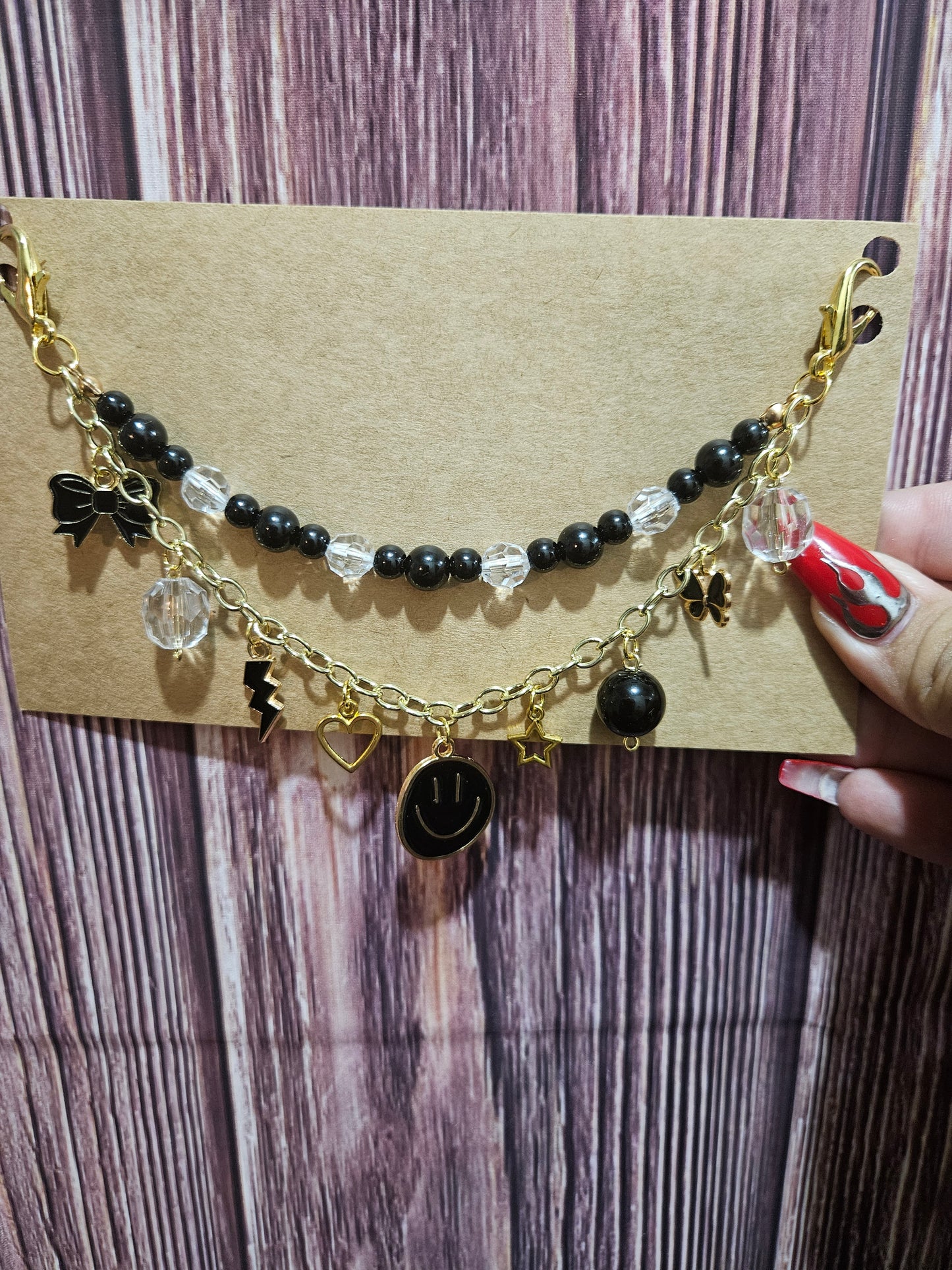 Car Charm Chain + hanger - black bead chain, smiley (gold)