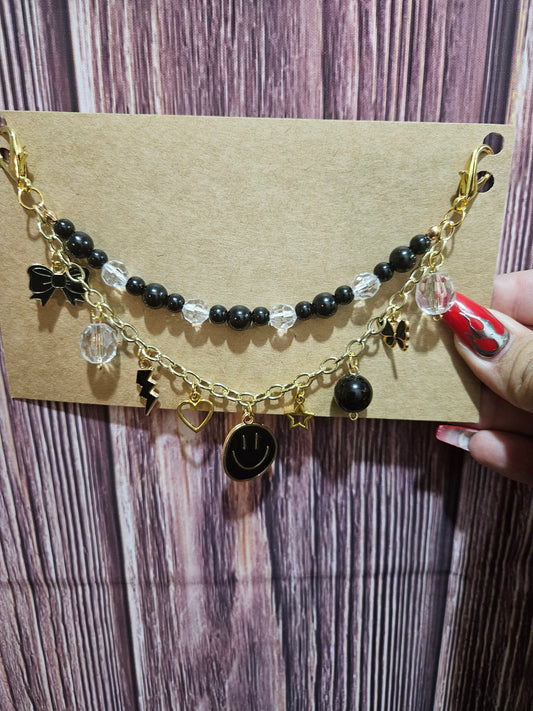 Car Charm Chain + hanger - black bead chain, smiley (gold)