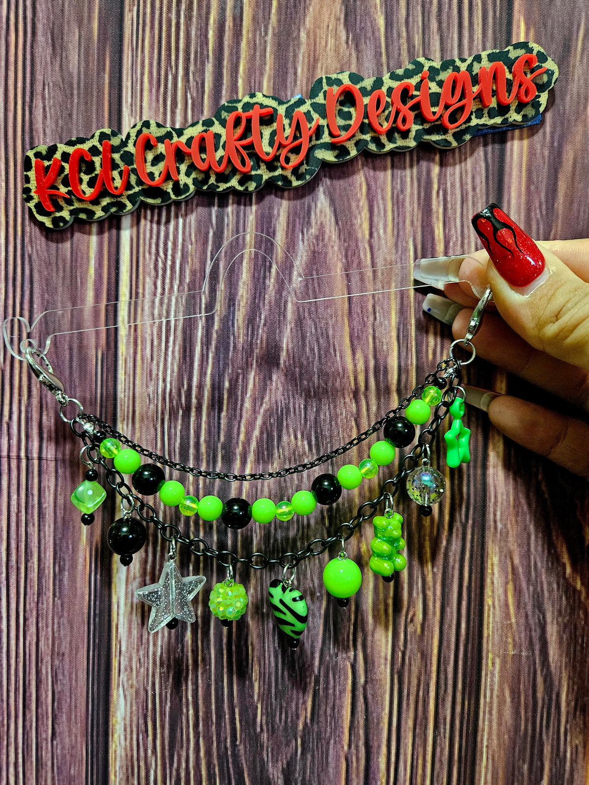Car Charm Chain +hanger - lime green bead triple chain (zebra heart)