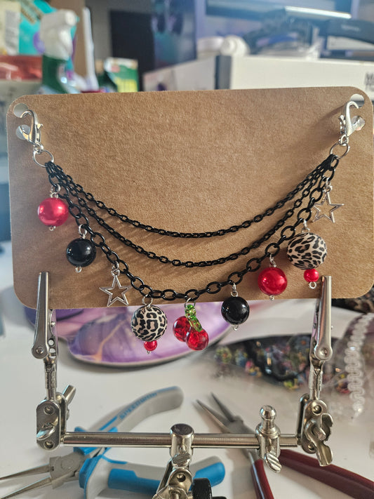 Car Charm Chain +hanger - black triple chain red, cherry cheetah
