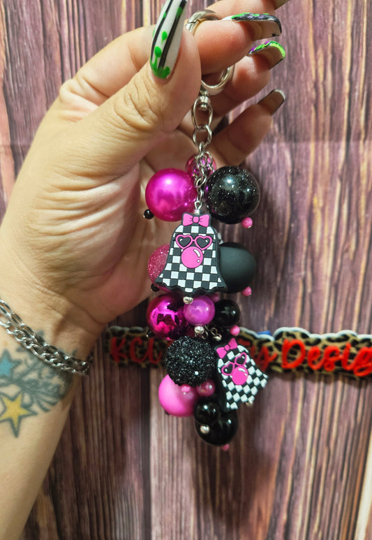 Bag Charm - pink checkered ghosts