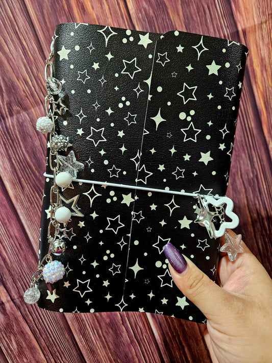 Faux Leather Wrapped Journal (A5) - Black w/ white stars
