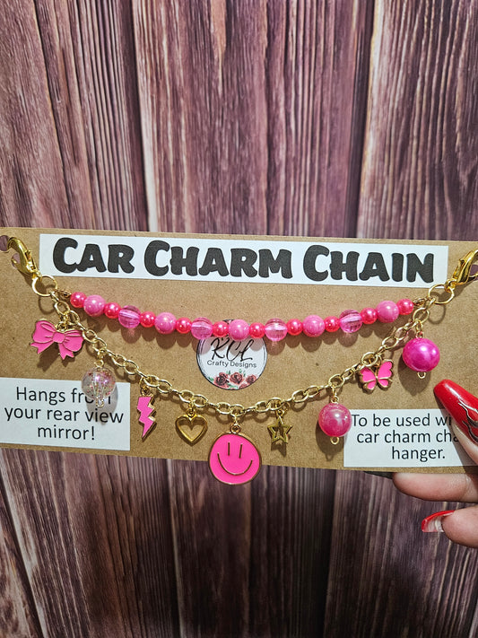 Car Charm Chain + hanger - hot pink bead chain, smiley (gold)
