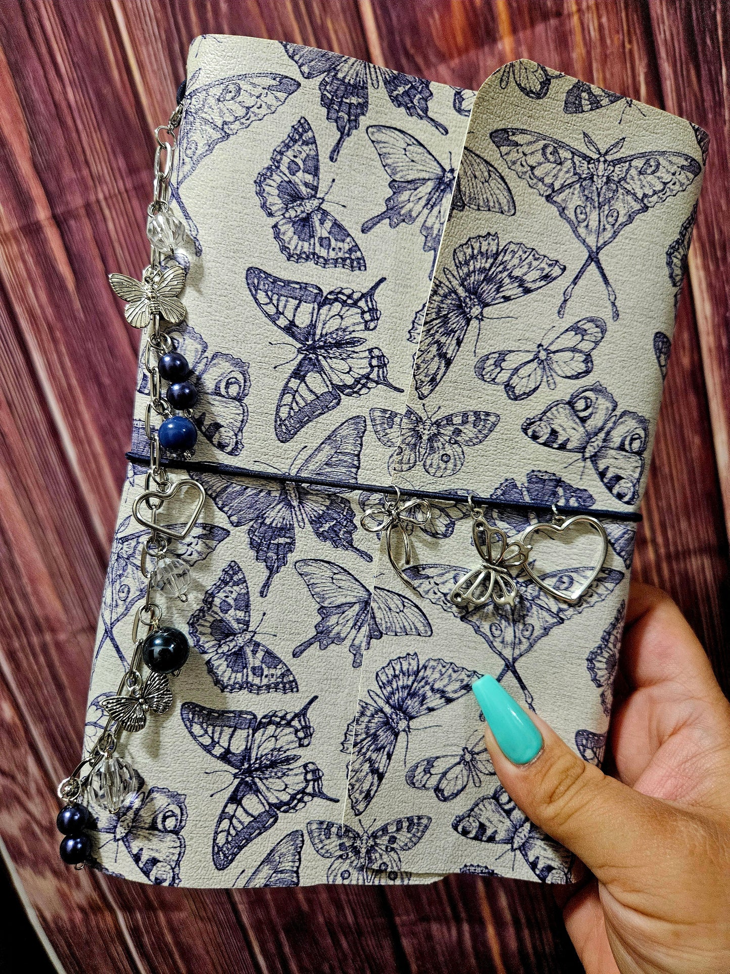 Faux Leather Wrapped Journal (A5) - navy vintage butterfly