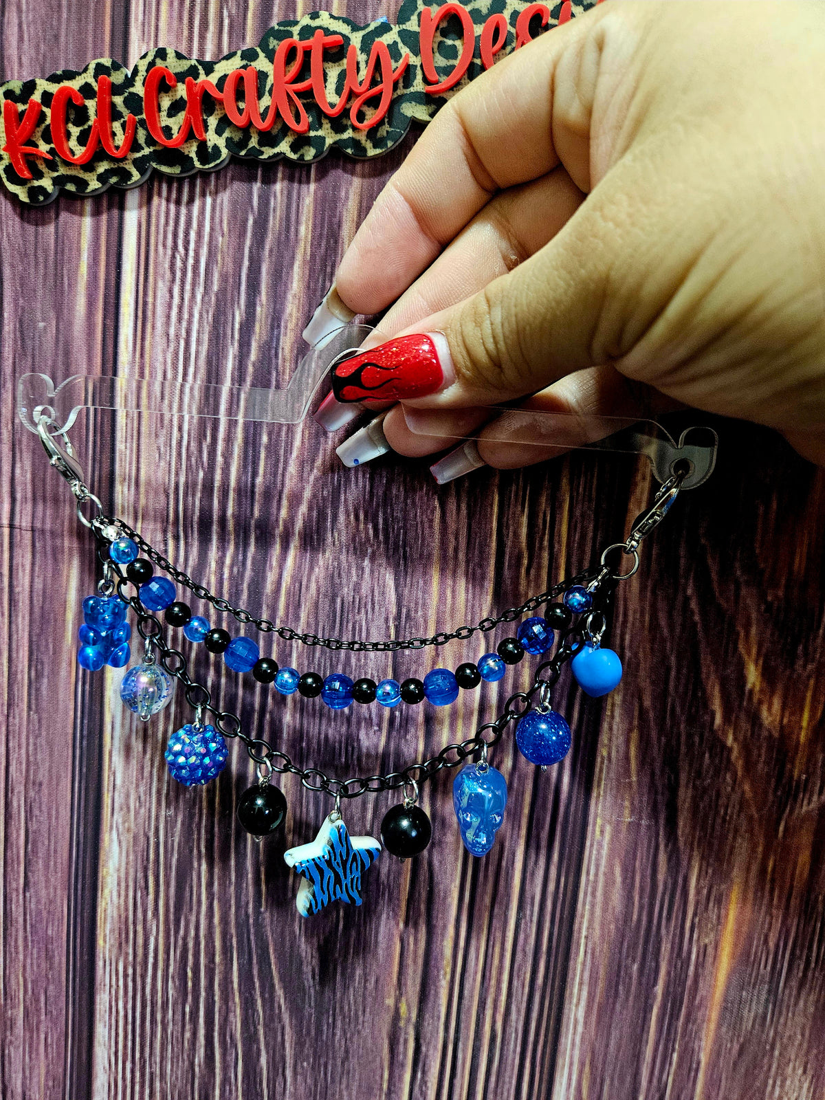 Car Charm Chain +hanger - royal blue bead triple chain (zebra heart/skull)