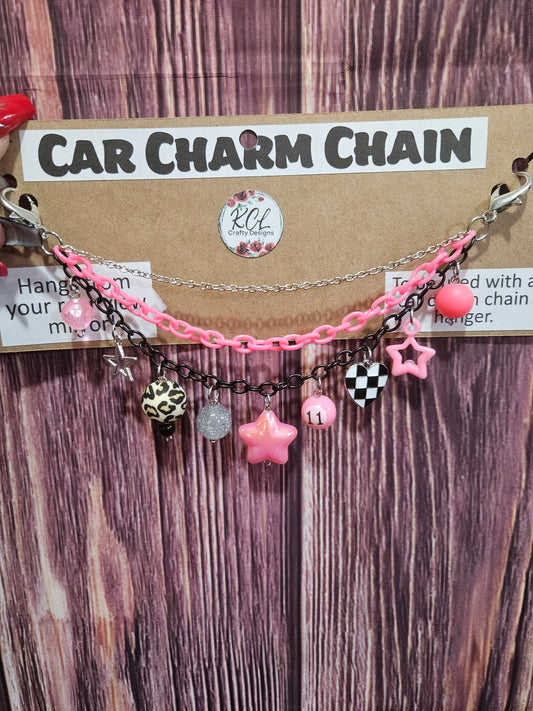 Car Charm Chain +hanger - bright pink triple chain (checkered heart/leopard print)