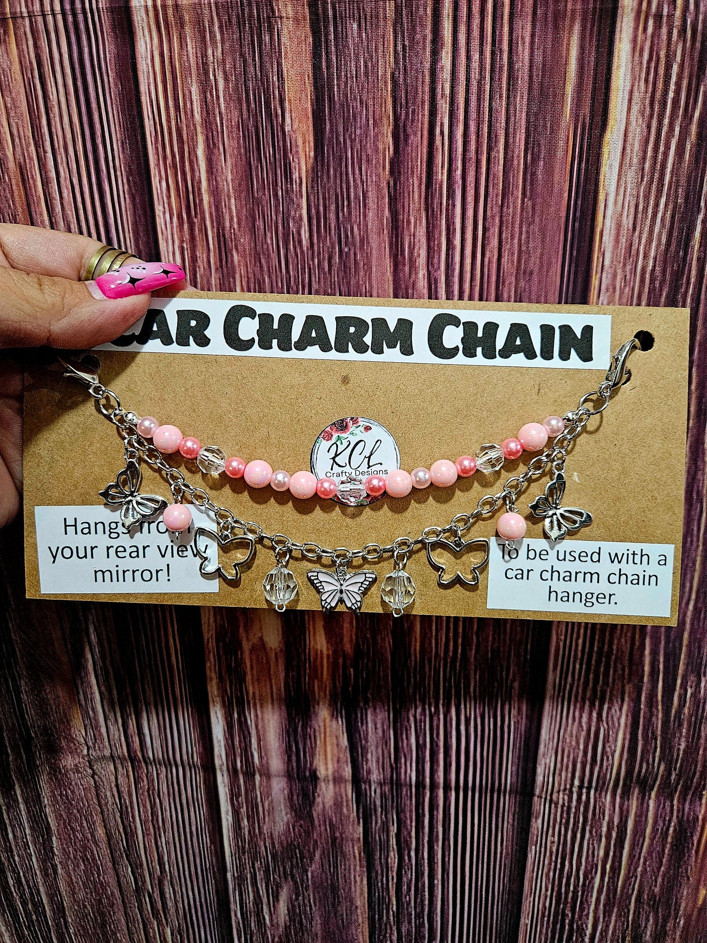 Car Charm Chain +hanger - pink butterfly
