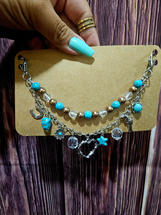 Car Charm Chain + hanger - western bead chain, faux turquoisestone (silver)