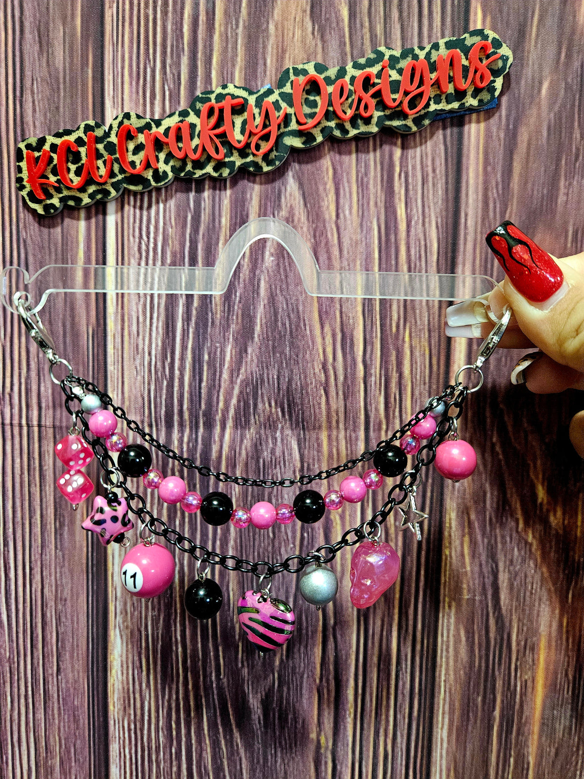 Car Charm Chain +hanger - hot pink bead triple chain (zebra heart/skull)