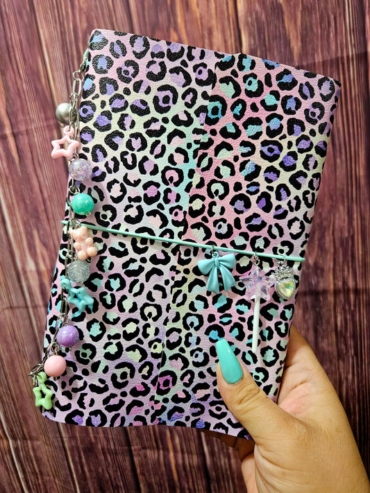 Faux Leather Wrapped Journal (A5) - pastel leopard (blue bow, mint elastic)